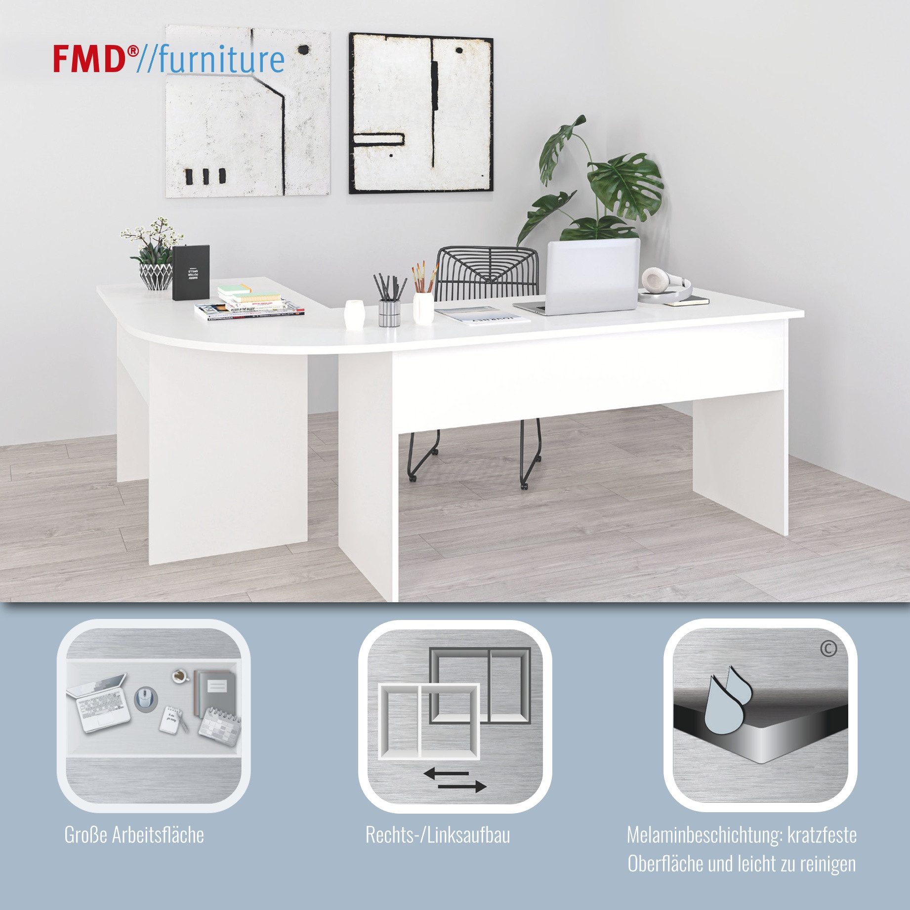 FMD Eckschreibtisch Tiell, Winkel Schreibtisch, Bürotisch, beidseitig montierbar, 205/155 cm