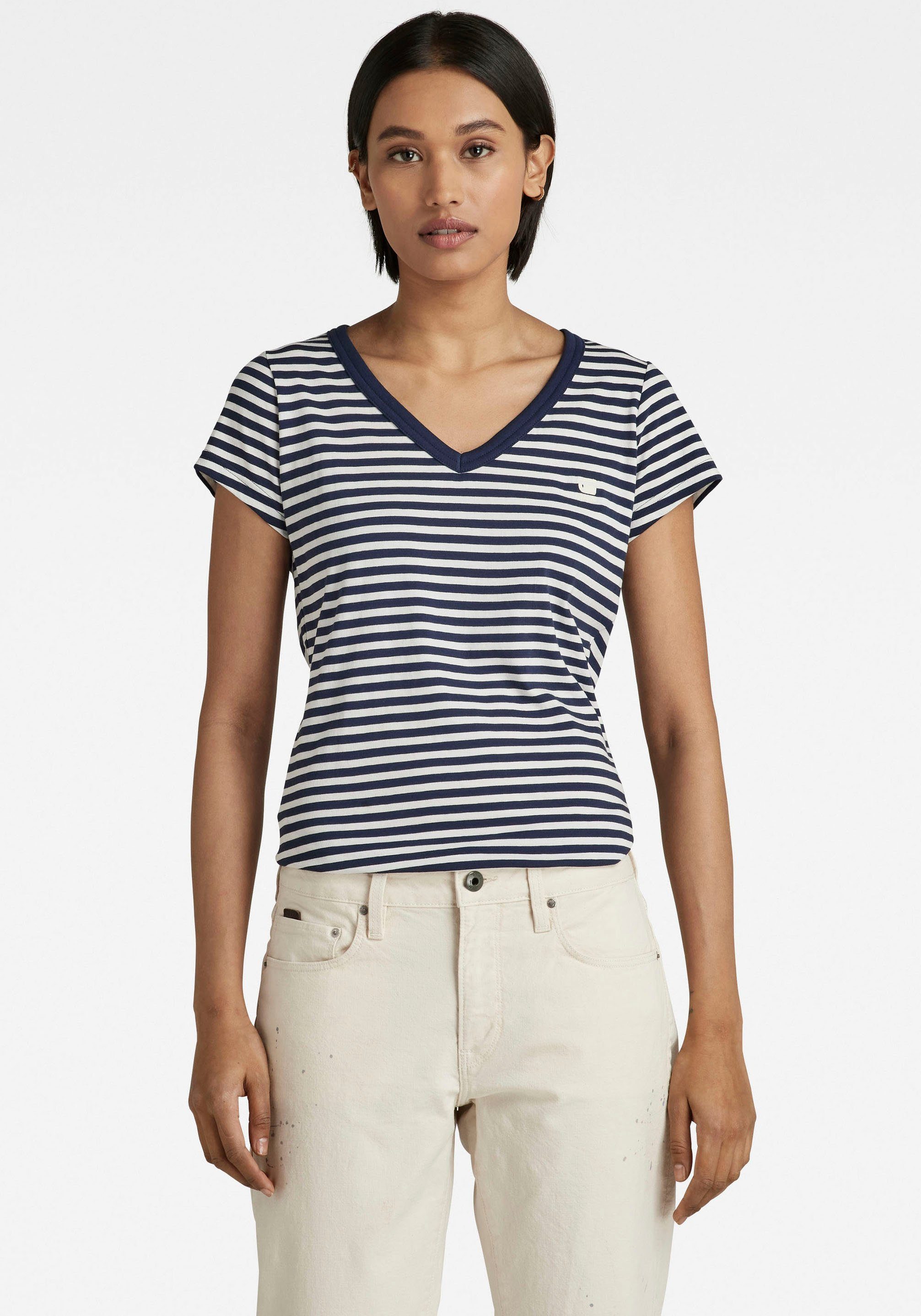 kleinem auf sartho Slim RAW blue/milk V-Shirt mit G-Star gestreift) Logoprint Brust stripe der G-Star RAW (marine Top Eyben