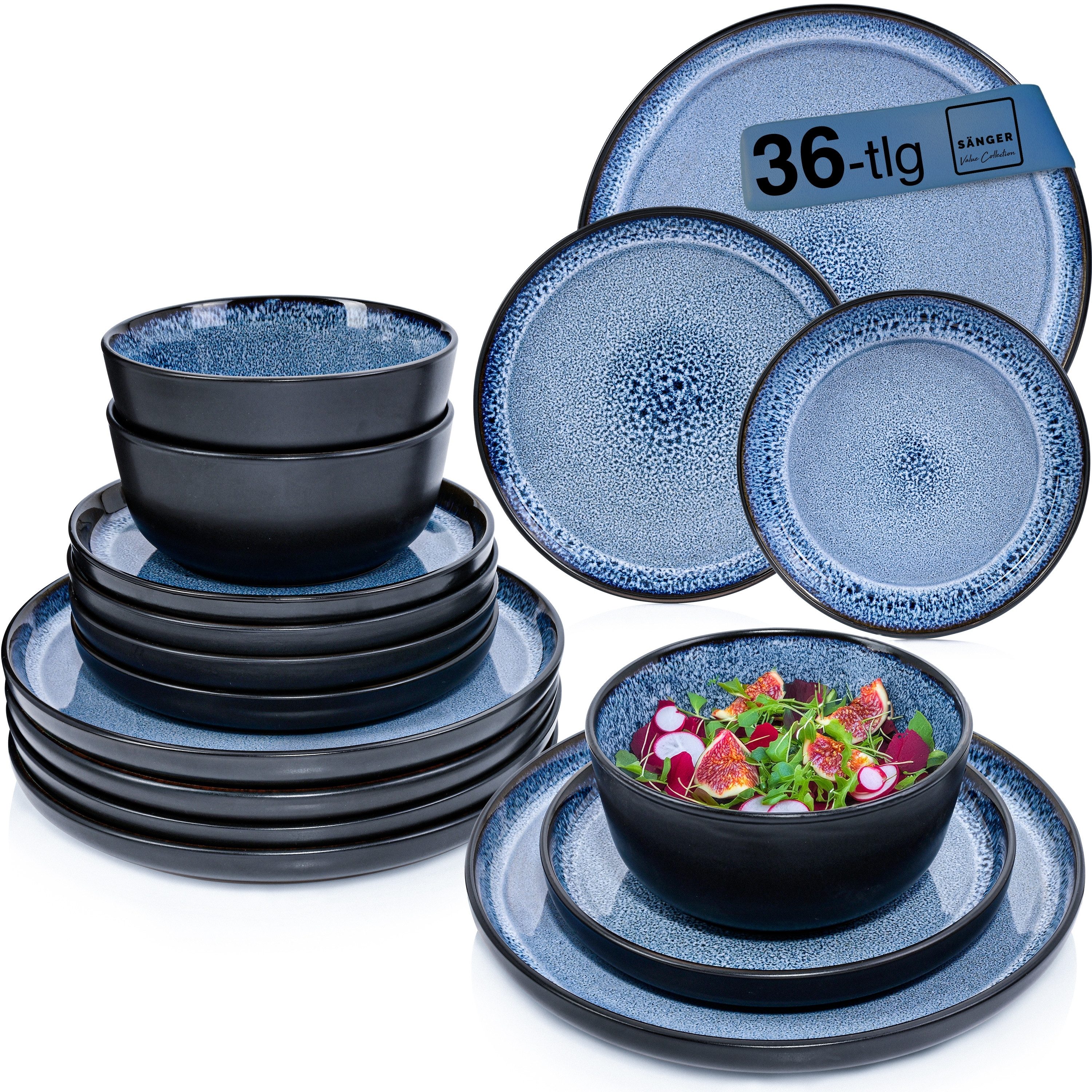 SÄNGER Tafelservice Aruba Geschirrset (36-tlg), 12 Personen, Steingut, blau mit schwarzem Rand, Handmade, Erweiterbar, VALUE COLLECTION