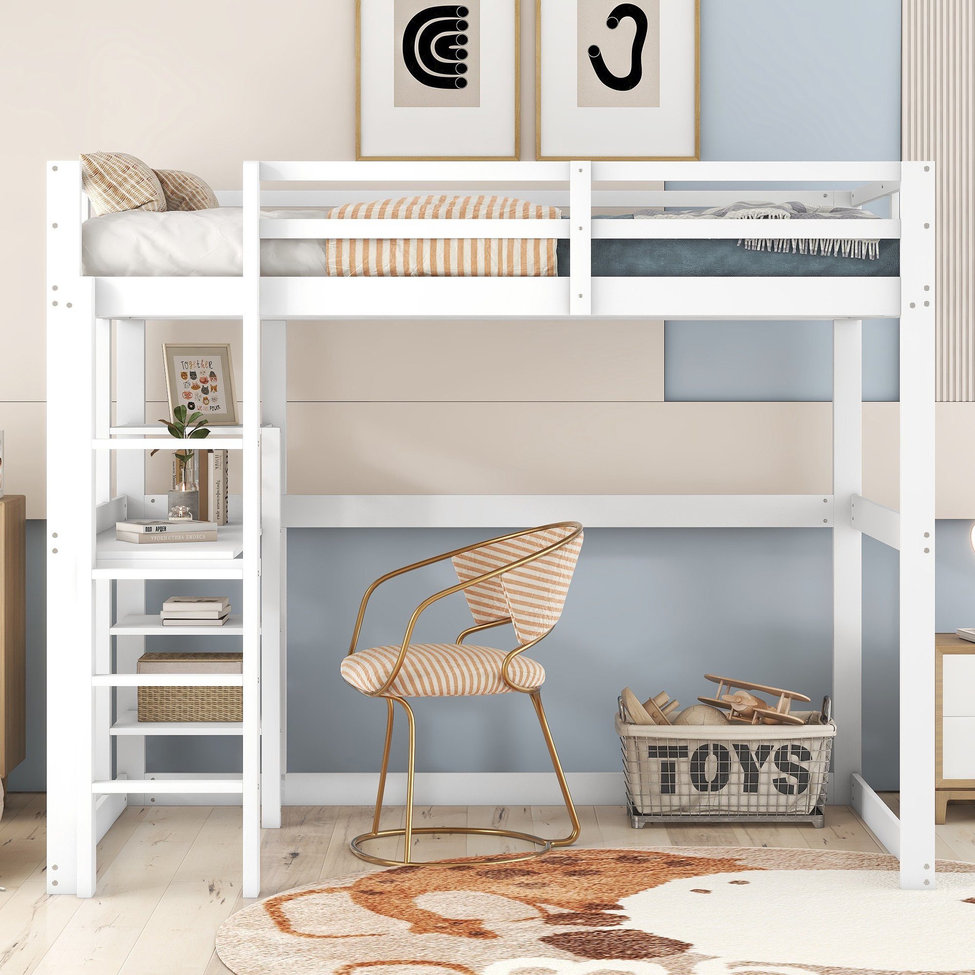 Merax Hochbett mit Arbeitsplatte und vier Ablagen, Kinderbett aus Kiefe Etagenbett 140x200 cm mit Rausfallschutz und Leiter