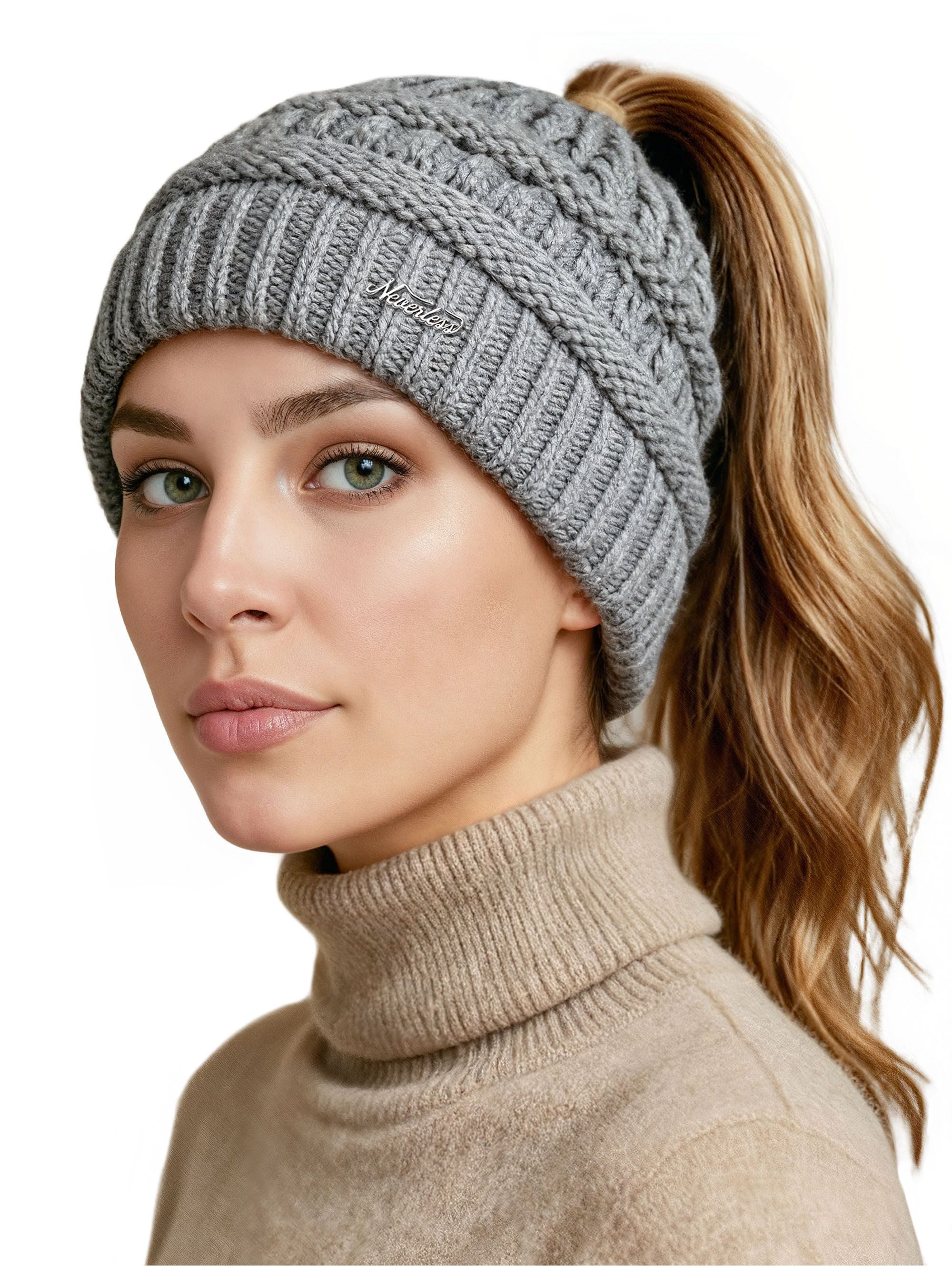 Neverless Strickmütze Damen Strickmütze Mütze Zopfloch Grobstrick Ungefüttert Wintermütze