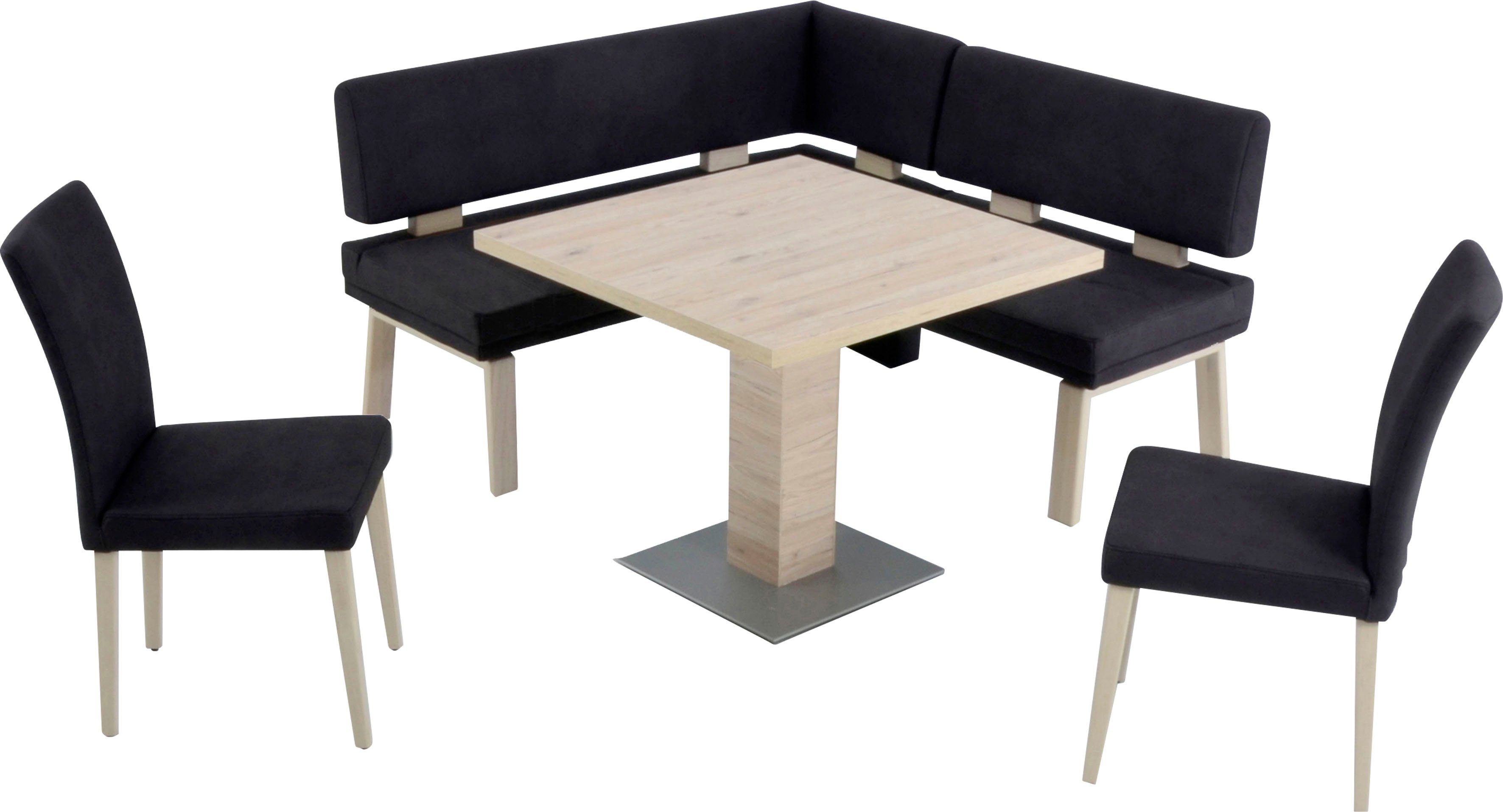 K+W Komfort & darkbrown 4-Fußholzstühle Tisch Eiche und Eckbankgruppe I, Santos 157cm, zwei Wohnen gleichschenklig 90x90cm