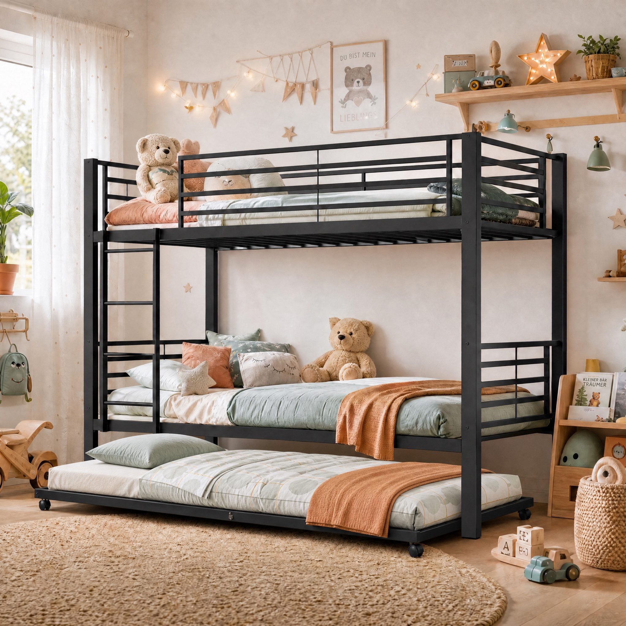Odikalo Etagenbett Metall-Jugendbett 90x200 Stockbett Umbaubar zu 2 Einzelbetten Schwarz (Belastbar bis 350kg (150/200kg) Geräuschfreies Metallbett mit Lattenrost & Leiter Die Einbaurichtung der Leitplanke (links oder rechts) kann frei gewählt werden)