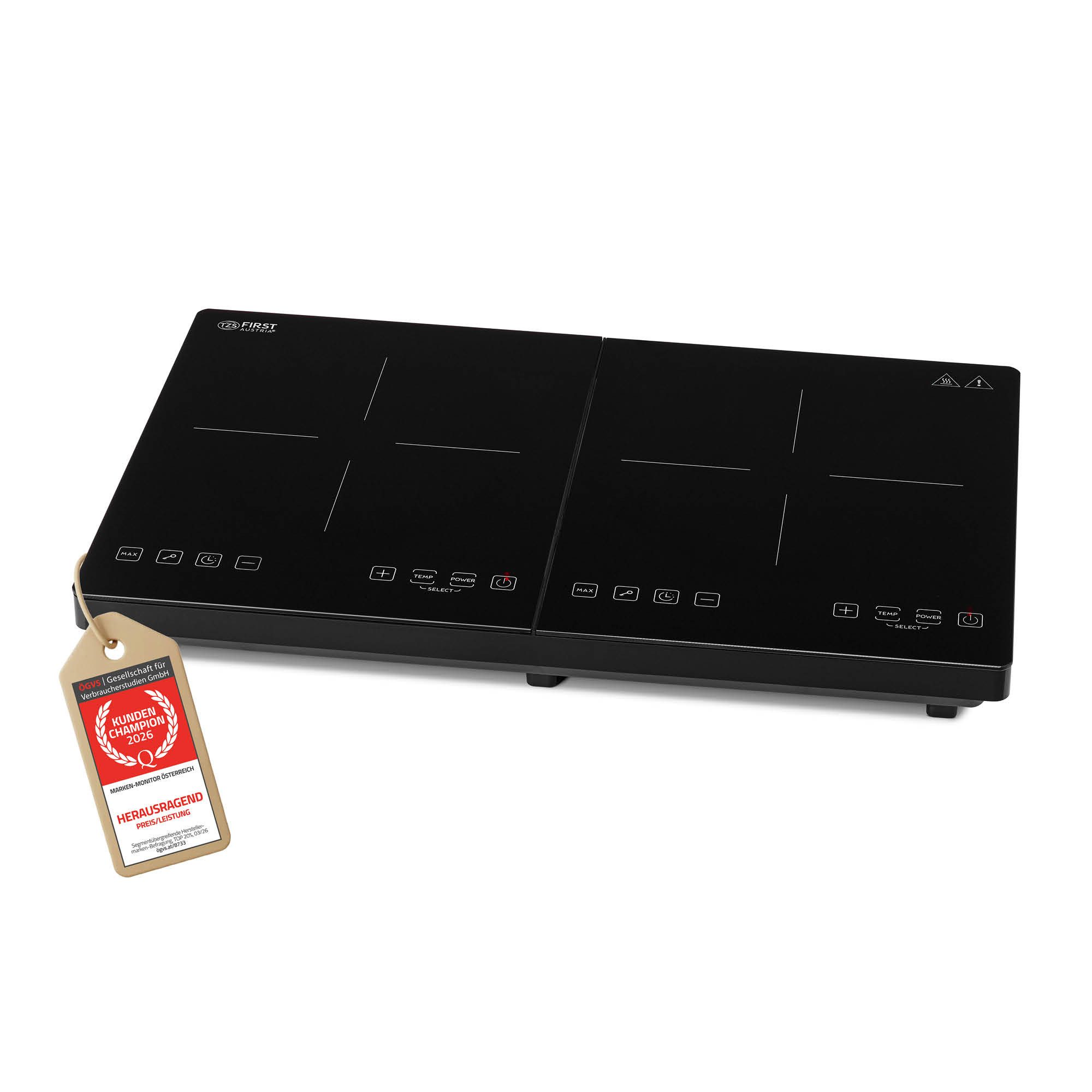 TZS FIRST AUSTRIA Doppelkochplatte 3500W, Induktionskochplatte, 10 Temperaturstufen & Timer, 2x220 mm Kochzonen, Glaskeramik, Kindersicherung, Überhitzungsschutz