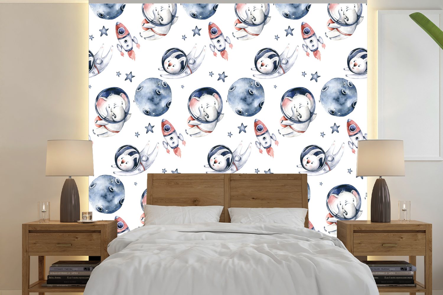 MuchoWow Fototapete Kaninchen - Elefant - Rakete - Jungen - Mädchen - Kinder, Matt, bedruckt, (5 St), Vinyl Tapete für Wohnzimmer oder Schlafzimmer, Wandtapete