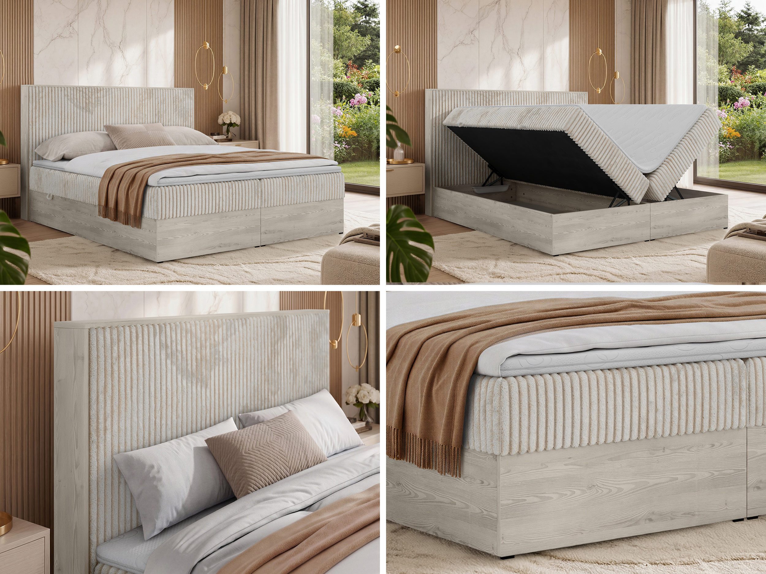 MKS MÖBEL Boxspringbett NORDIC (Packung, Doppelbett, holz optik Polsterbett, Visco/T25 Topper), Multipocket-Matratzen, in verschiedenen Größen und Härtegraden