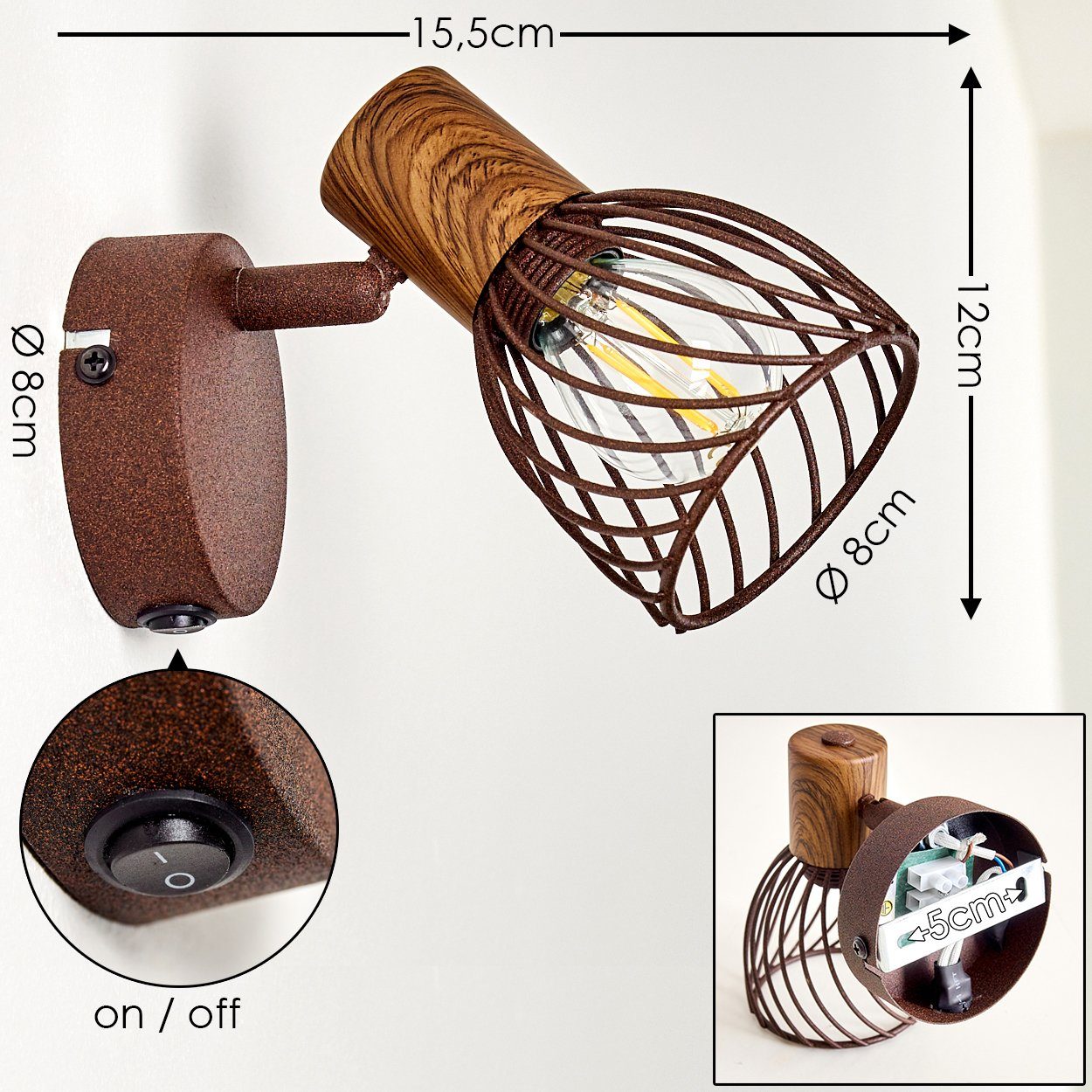 hofstein Wandleuchte »Laccio« verstellbare Wandlampe aus Metall/Holz in Rost/Braun, ohne Leuchtmittel, 1xE14, Wandspot im Retro/Vintage Design m. An-/Ausschalter am Gehäuse