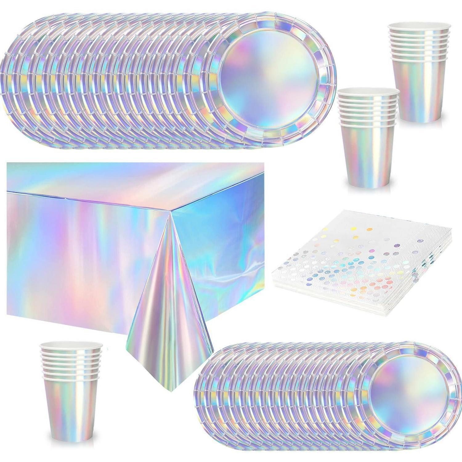 LuxusKollektion Einweggeschirr-Set Partygeschirr Set 65tlg Hologramm Regenbogen Schulkind Geburtstag, Papier