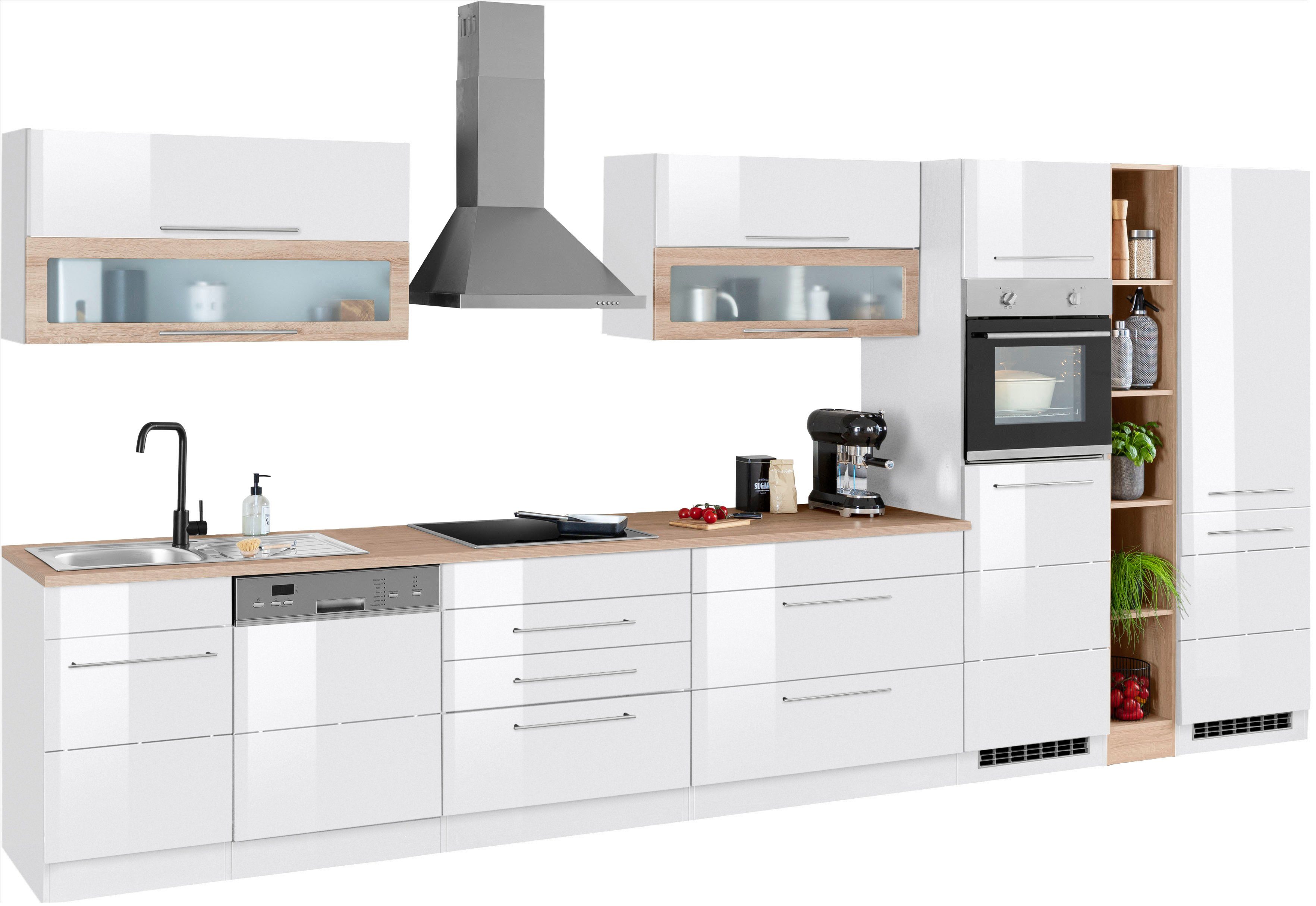 HELD MÖBEL Küchenzeile Wien, Breite 440 cm, wahlweise mit E-Geräten und Induktion weiß Hochglanz/weiß-wotaneiche | weiß Hochglanz | weiß