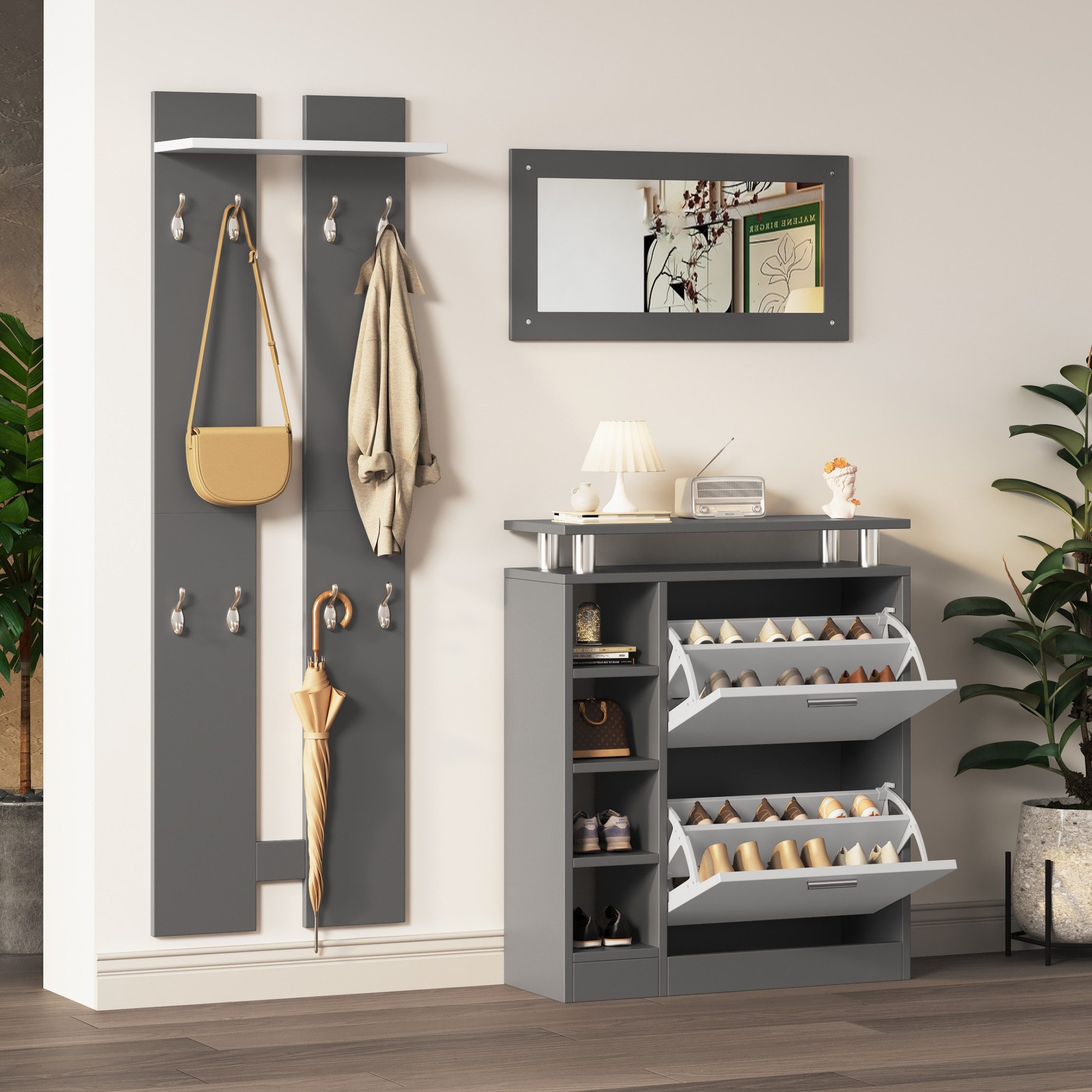 autolock Garderoben-Set Flurgarderobe 80 x 25 x 96.5 cm Spiegel, Schuhschrank & Paneelen, Wandgarderoben-Set Flurmöbel-Set für Flur kleine Eingangsbereiche