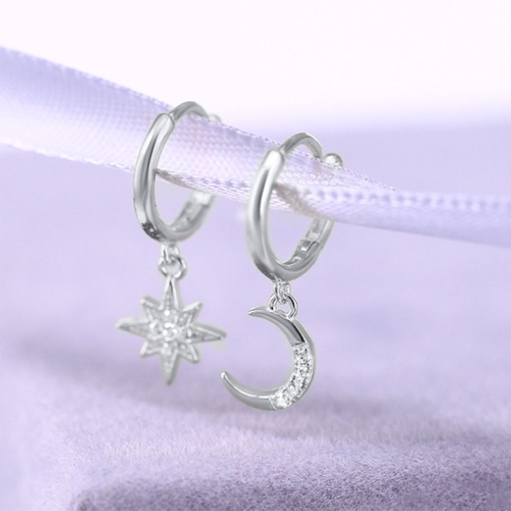 Haiaveng Paar Ohrhänger Hängend Mond Ohrringe Creolen Damen Asymmetrische Klein Silber Für Mädchen 925 Stern Ohrringe