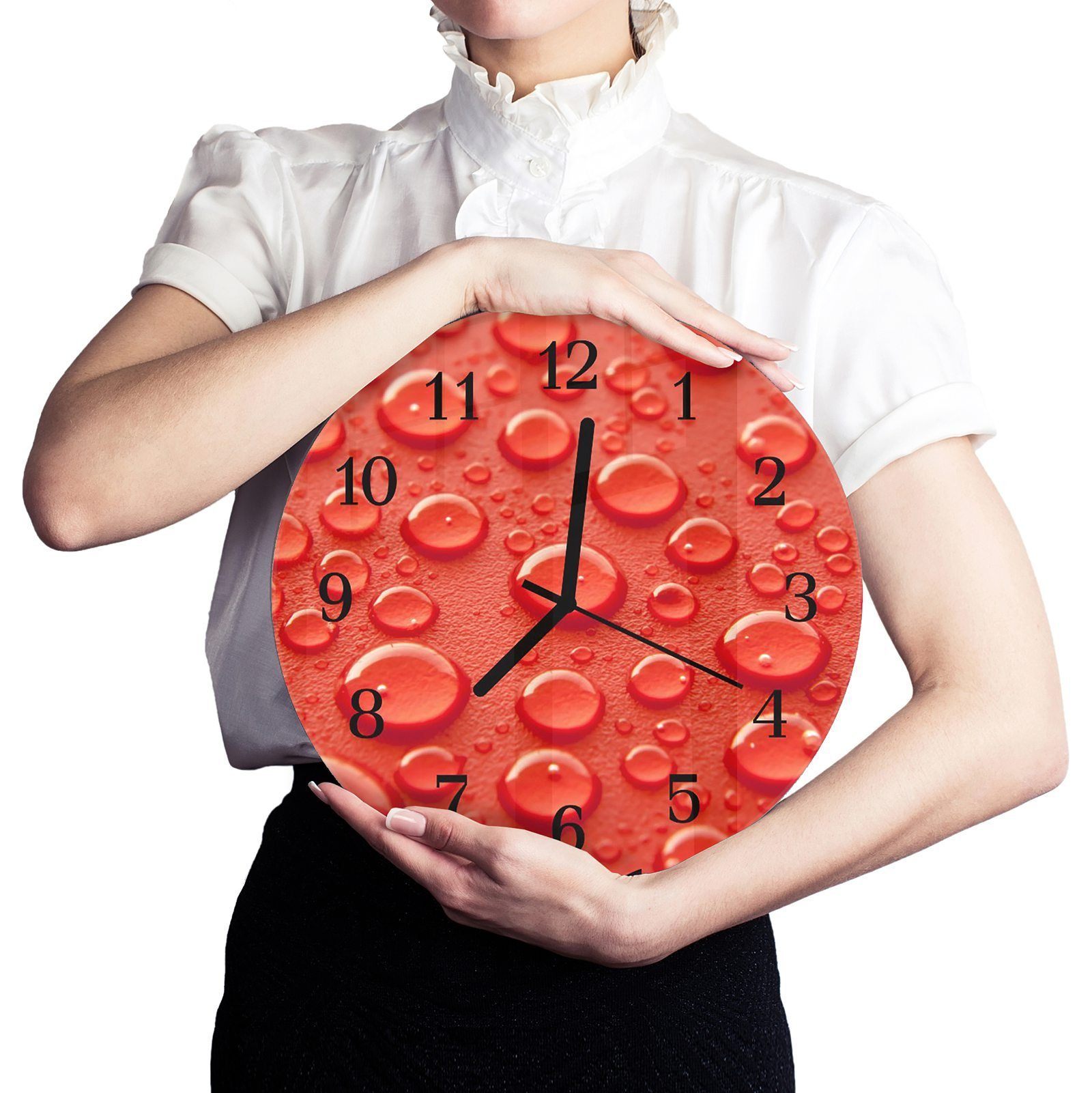 Primedeco Wanduhr Wanduhr aus auf cm mit Tropfen Durchmesser mit und - rotem Quarzuhrwerk Rund Hintergrund 30 Motiv Glas
