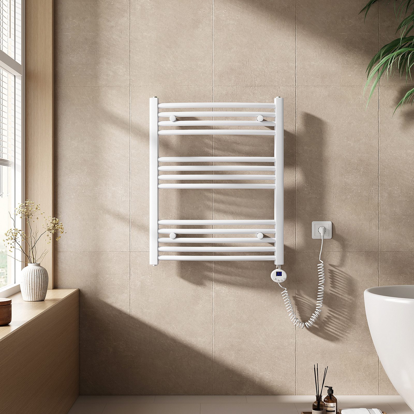 EMKE Elektrischer Badheizkörper Gebogen mit Thermostat Höhe: 75cm, 300W, Ha günstig online kaufen