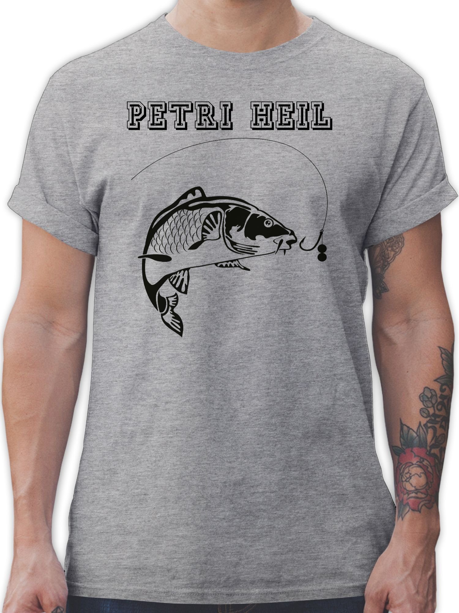 Shirtracer T-Shirt Petri Heil Angler Geschenke 3 Grau meliert