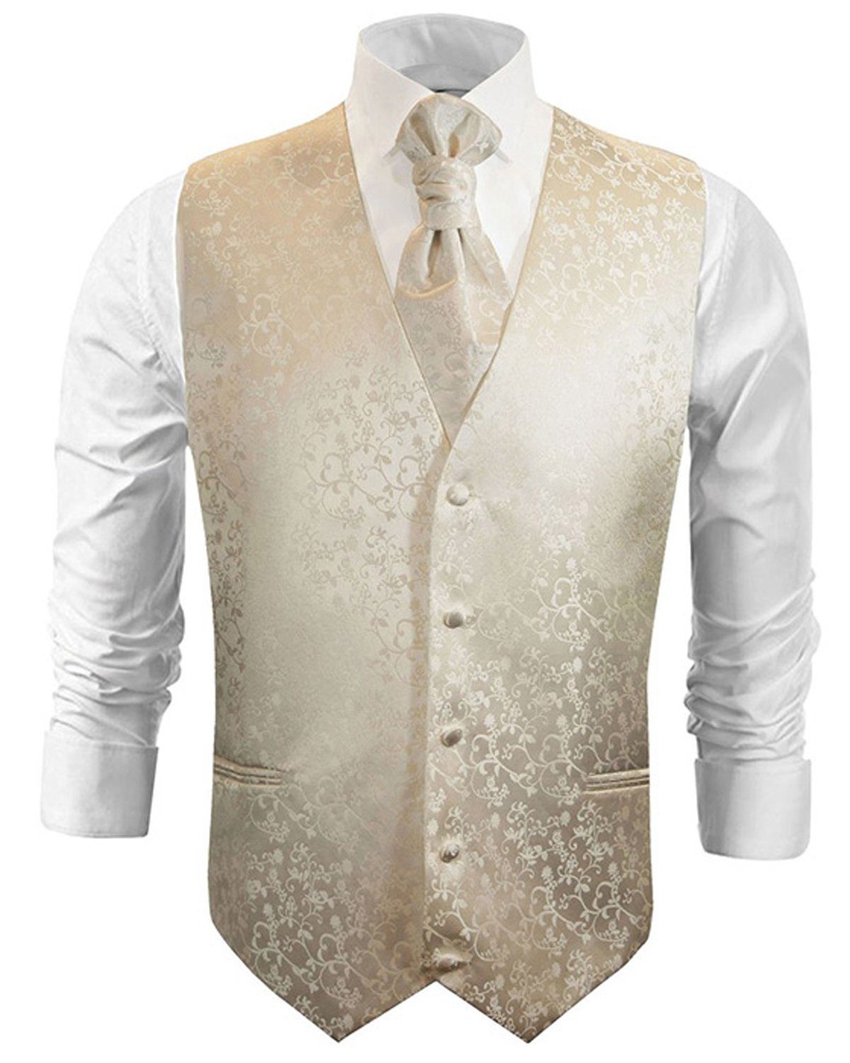 Paul Malone Anzugweste Herren Hochzeitsweste mit Plastron Set 2tlg floral - Bräutigam (Set, 2-tlg., mit Weste und Plastron) champagner V18, Gr. 48 (XS)