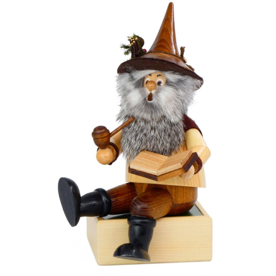 DWU - Drechselwerkstatt Uhlig Räuchermännchen DWU Kantenhocker Waldwichtel mit Buch, (1 St), Handarbeit aus dem Erzgebirge
