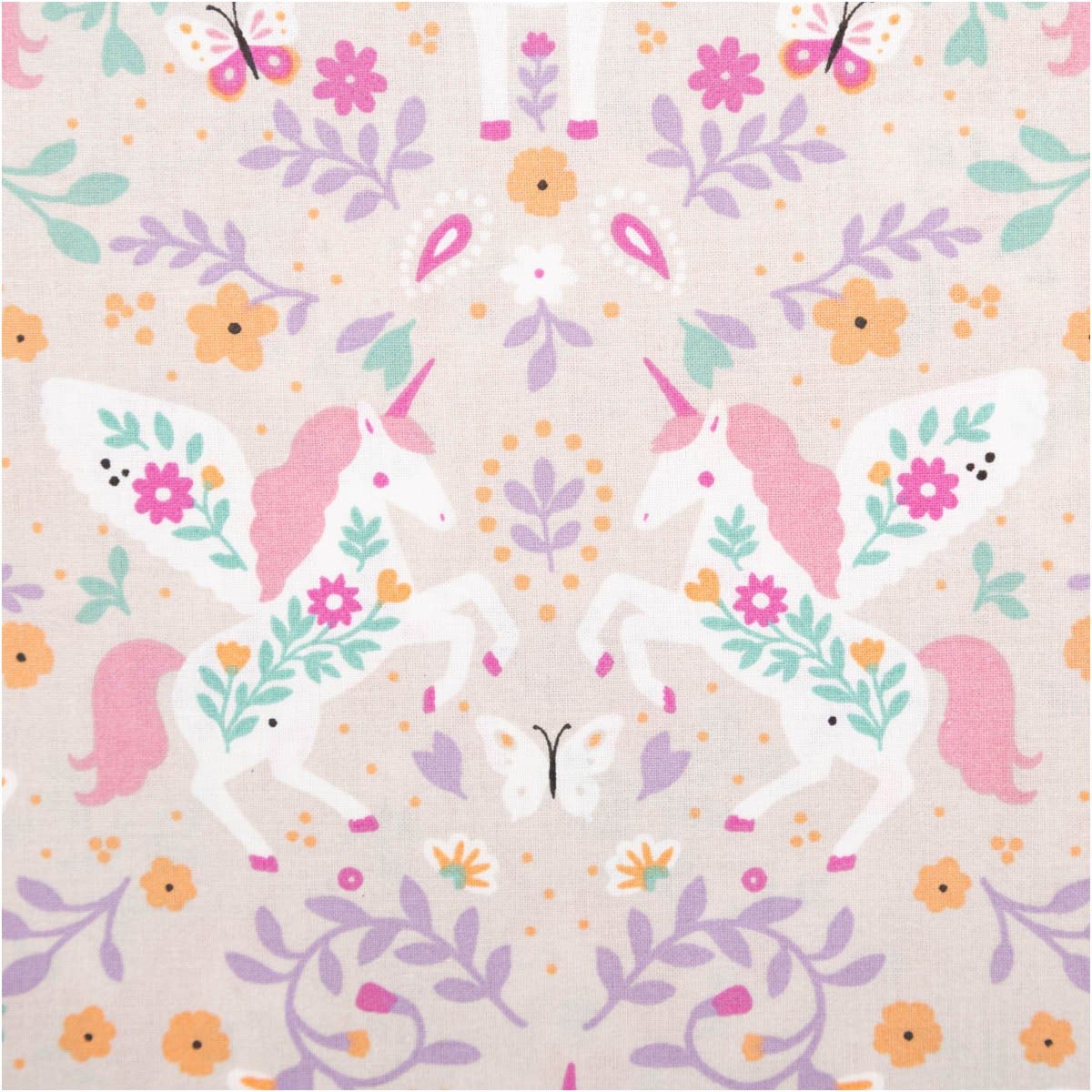 SCHÖNER LEBEN. Stoff Baumwollstoff Polly Einhörner Blumen hellgrau rosa 1,47m Breite, allergikergeeignet