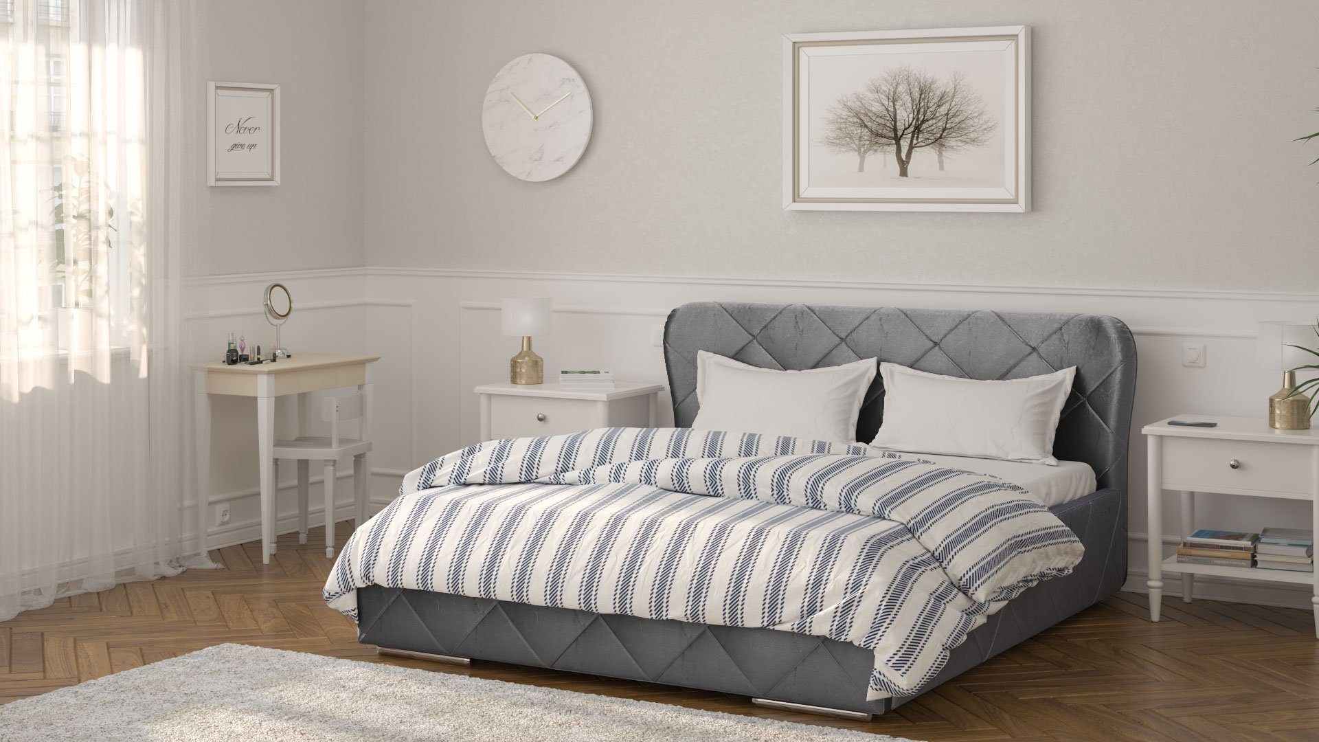 Polsterbett 200x160 Doppelbetten Monako Bettzeugbehälter cm Grau Siblo - mit Bett hoher - Holzrahmen Schlafkomfort - - Doppelbett