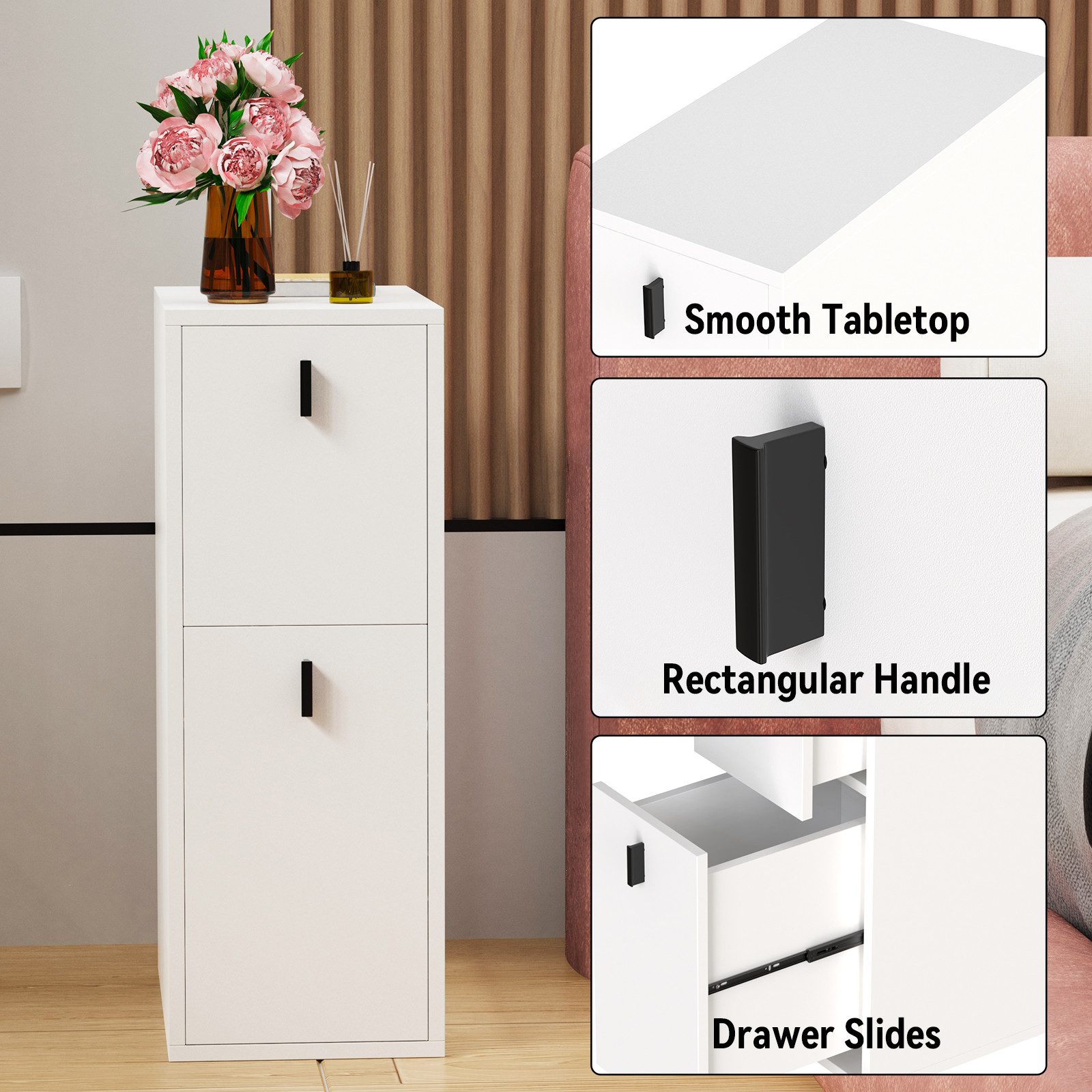 JEOBEST Nachttisch Nachtschrank Beistelltisch mit 2 Schubladen, Schmal, Moderner Nachtkommode für Schlafzimmer 25x50x70cm – Bild 4 von 5