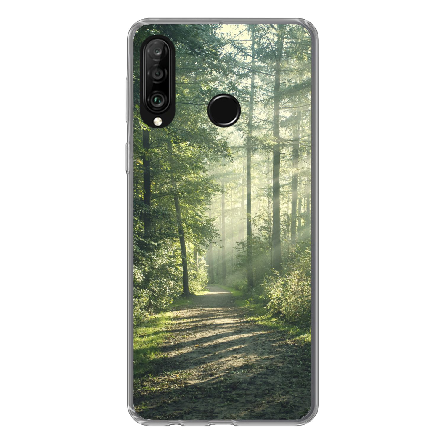 MuchoWow Handyhülle für Huawei P30 Lite Wald - Weg - Sonne - Bäume - Grün - Natur, Handy Case, Silikon, Bumper Case Dünn