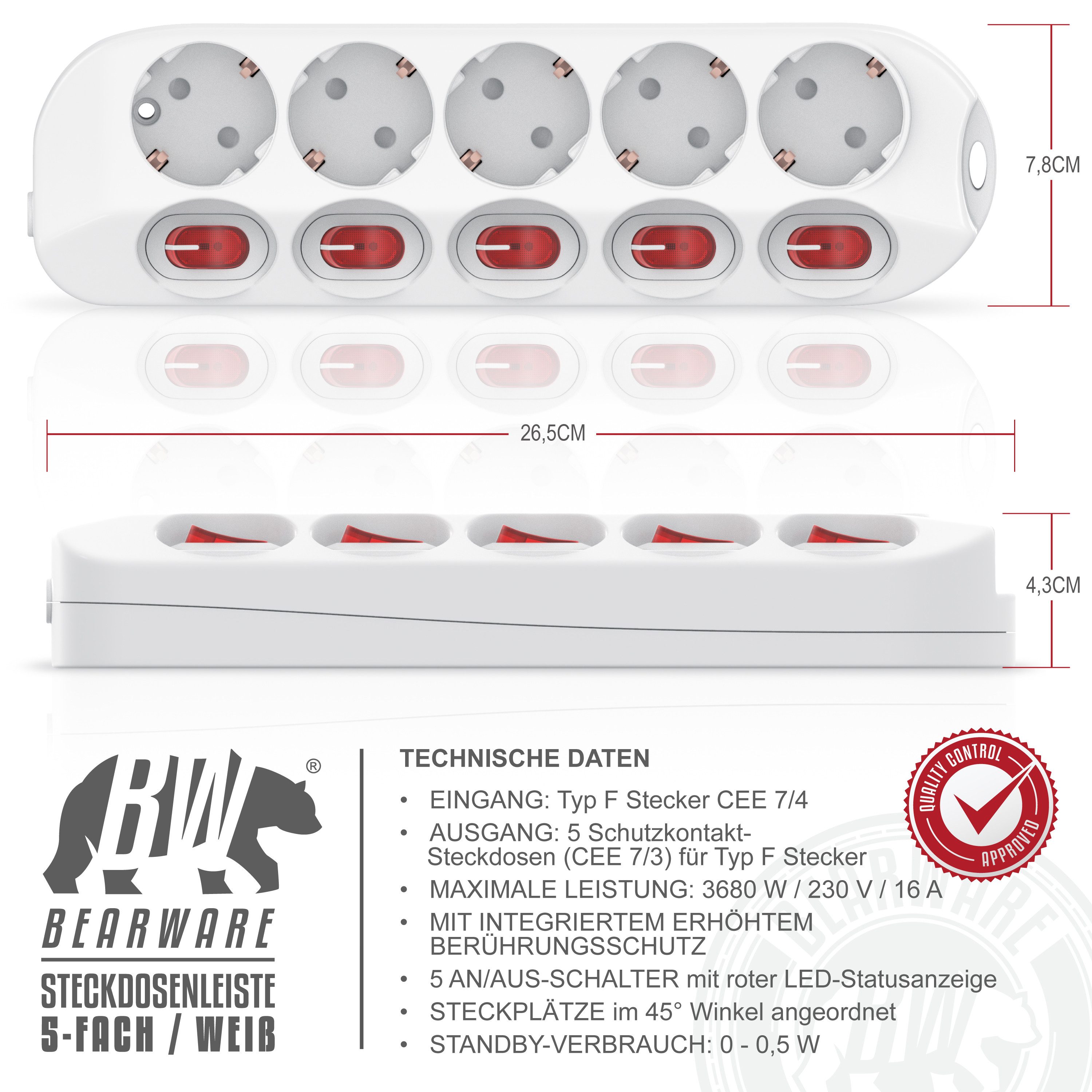 BEARWARE 5 Fach Mehrfachsteckdose mit EIN AUS Schalter, Netzkabel 1,5 m, IP20 Steckdosenleiste 5-fach (Ein- / Ausschalter, Schalterbeleuchtung, Schutzkontaktste – Bild 4 von 5