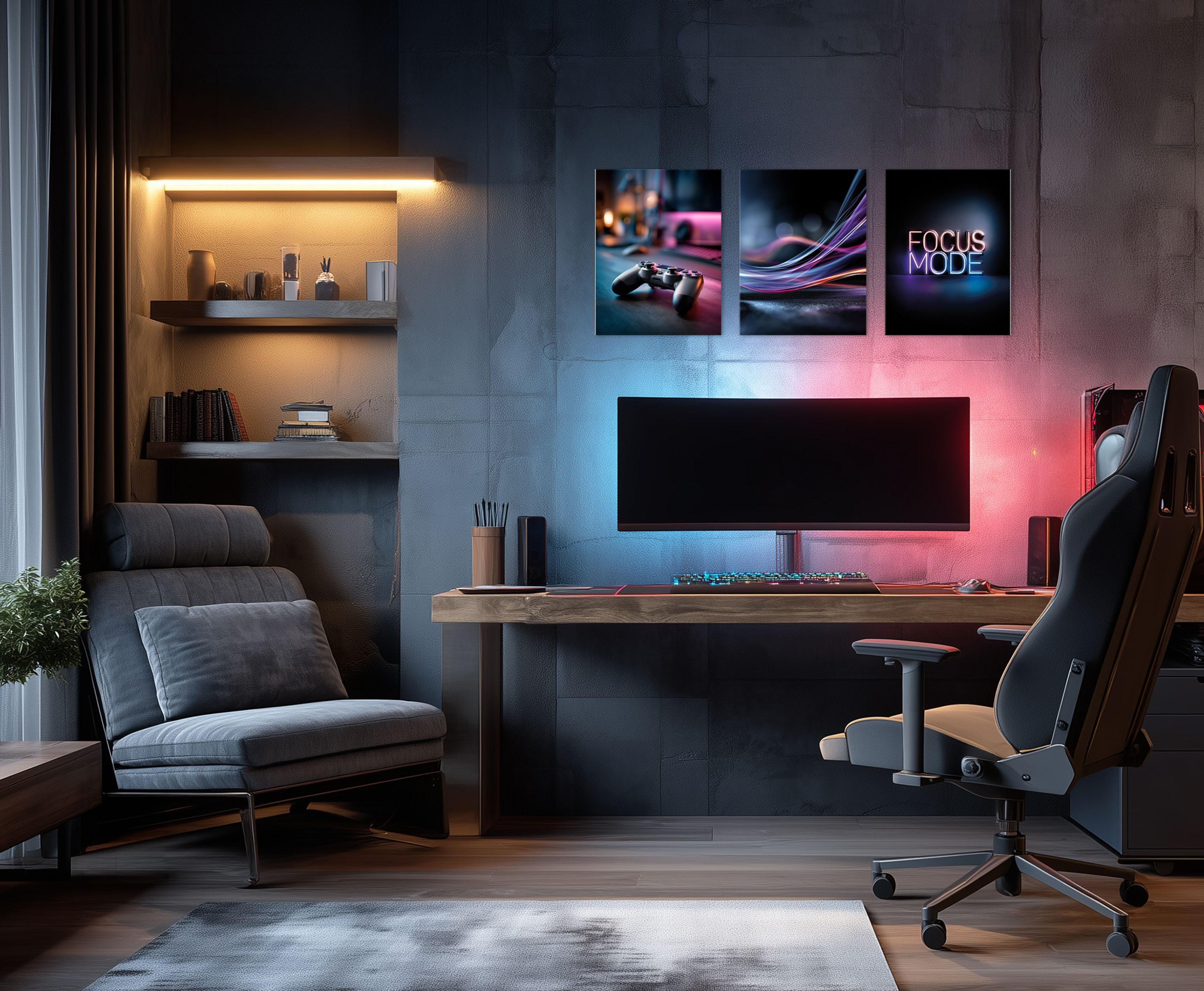 artissimo Mehrteilige Bilder Wandbilder-Set 3er-Set / Gaming Wanddeko / Jugendzimmer, Gaming: Neon Setup in blau lila schwarz