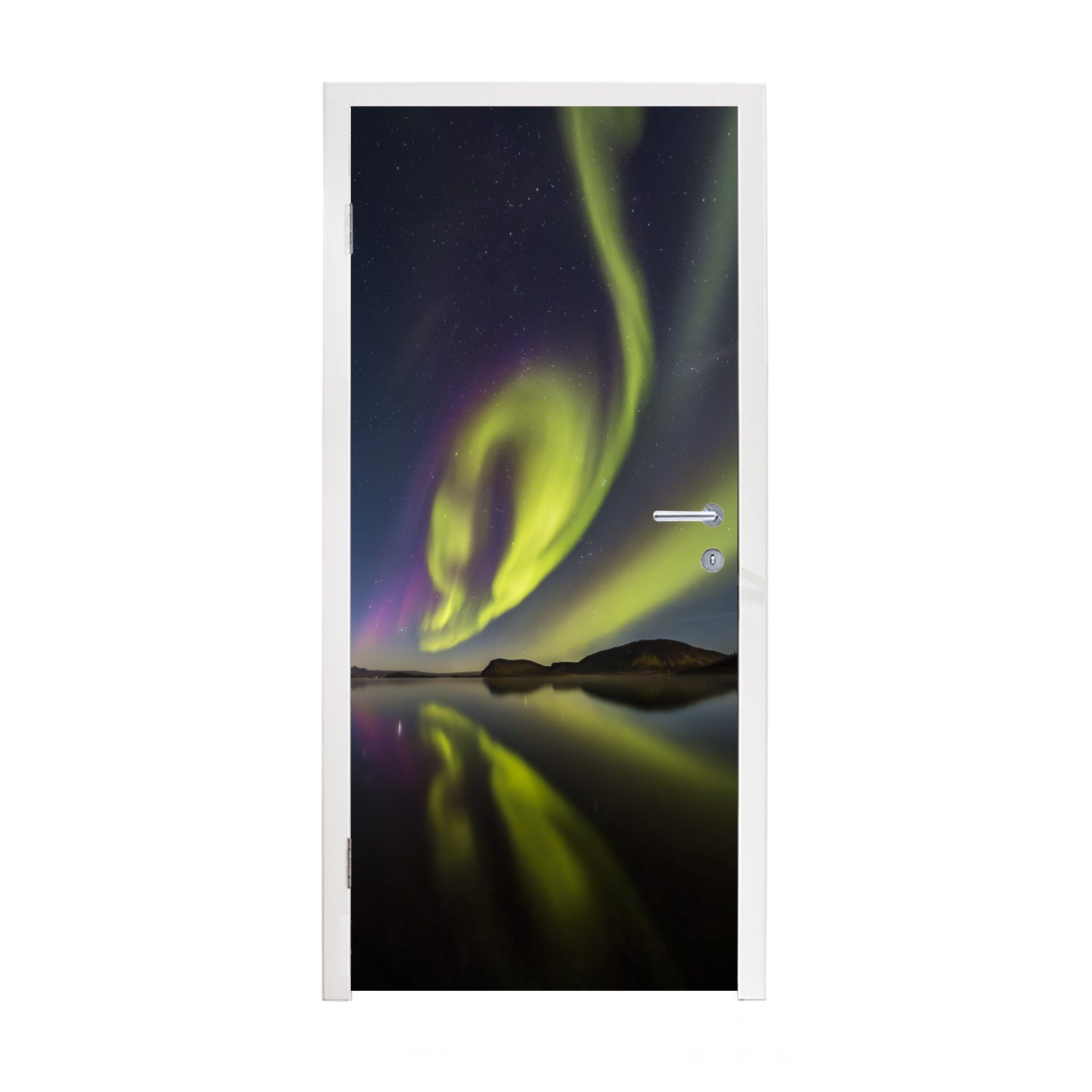 MuchoWow Türtapete Nordlichter - Schweden - Lila - Wasser - Grün, Matt, bedruckt, (1 St), Fototapete für Tür, Türaufkleber, 75x205 cm