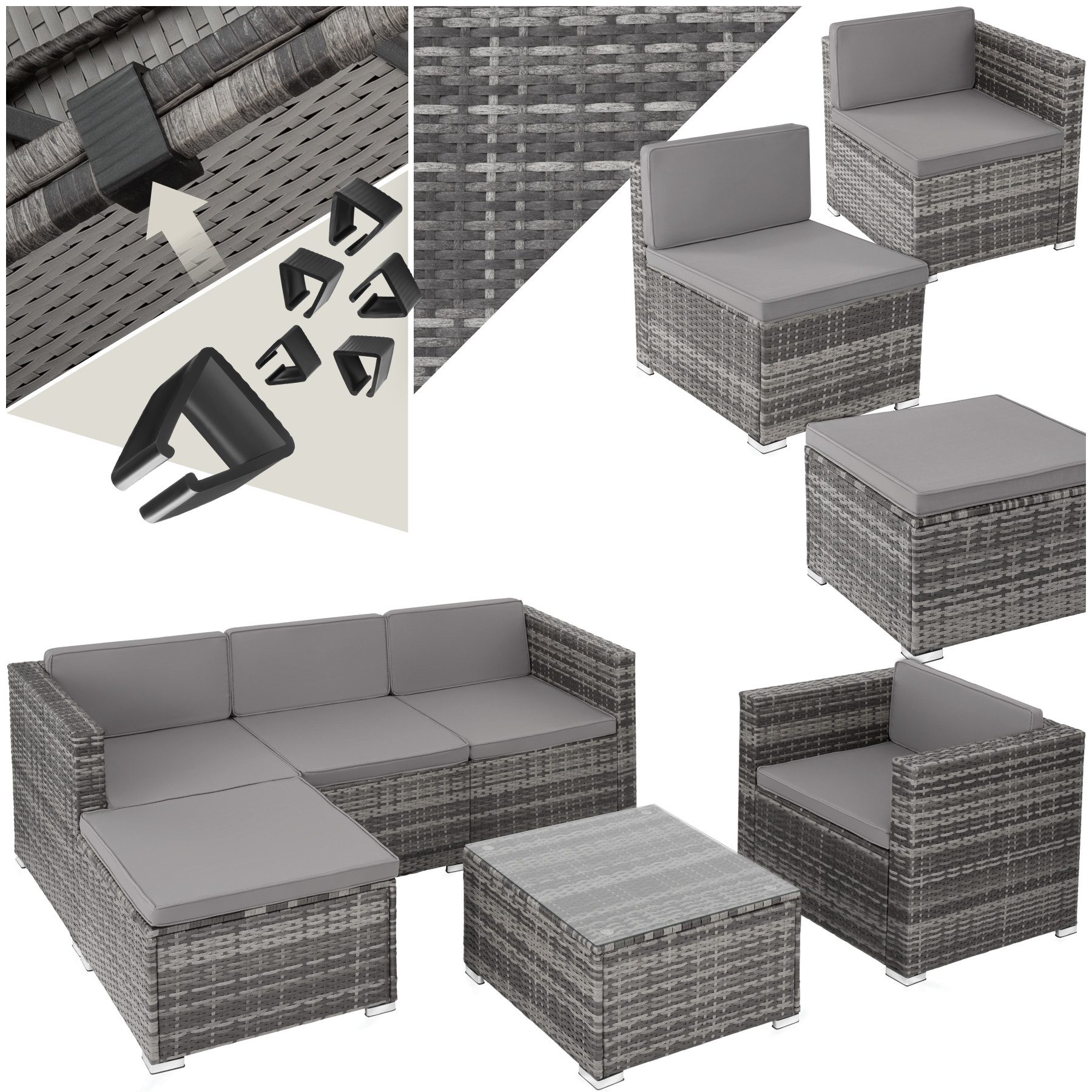 tectake Loungeset Rattan Sitzgruppe mit Sicherheitsglasplatte, für 4 bis 5 Personen, (Gartenlounge-set Lignano, 6-tlg., geeignet für Outdoor in Grau), widerstandsfähig und UV-beständig, variabel aufstellbar