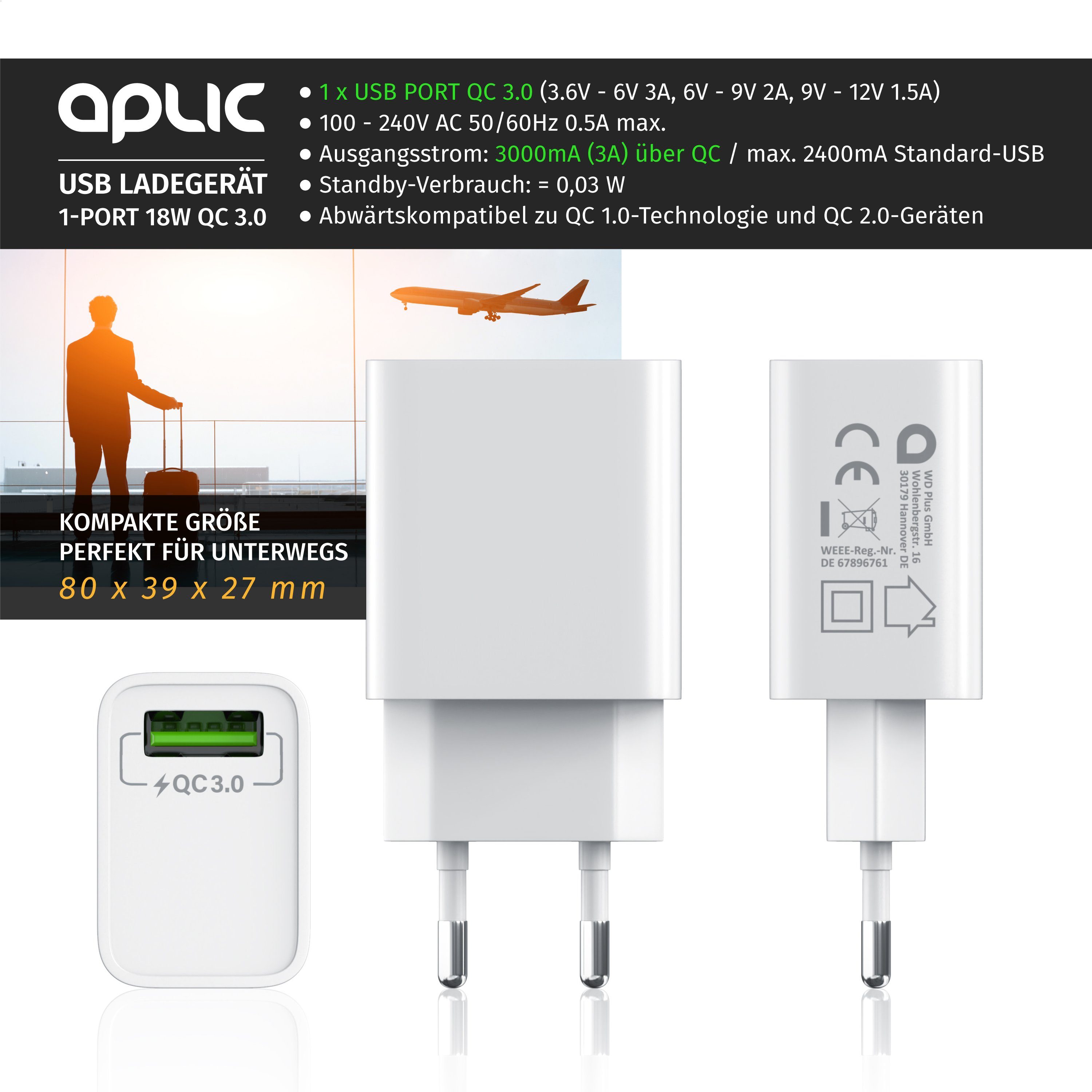 Aplic USB-Ladegerät (3000 mA, Quick Charge 3.0 USB-Ladegerät 1x USB A QC 3.0 Port / max. 3A über QC)