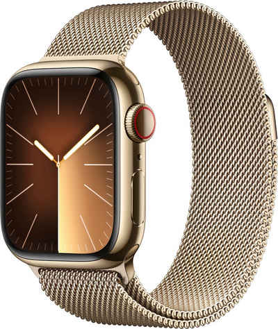 Apple Watch Series 9 GPS + Cellular 41mm Edelstahl One-Size Smartwatch (4,1 cm/1,61 Zoll, Watch OS 10), Milanese Loop