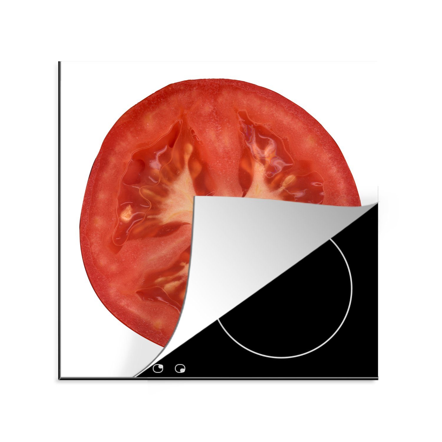 MuchoWow Herdblende-/Abdeckplatte Die Hälfte einer Tomate auf weißem Hintergrund, Vinyl, (1 tlg), 78x78 cm, Ceranfeldabdeckung, Arbeitsplatte für küche