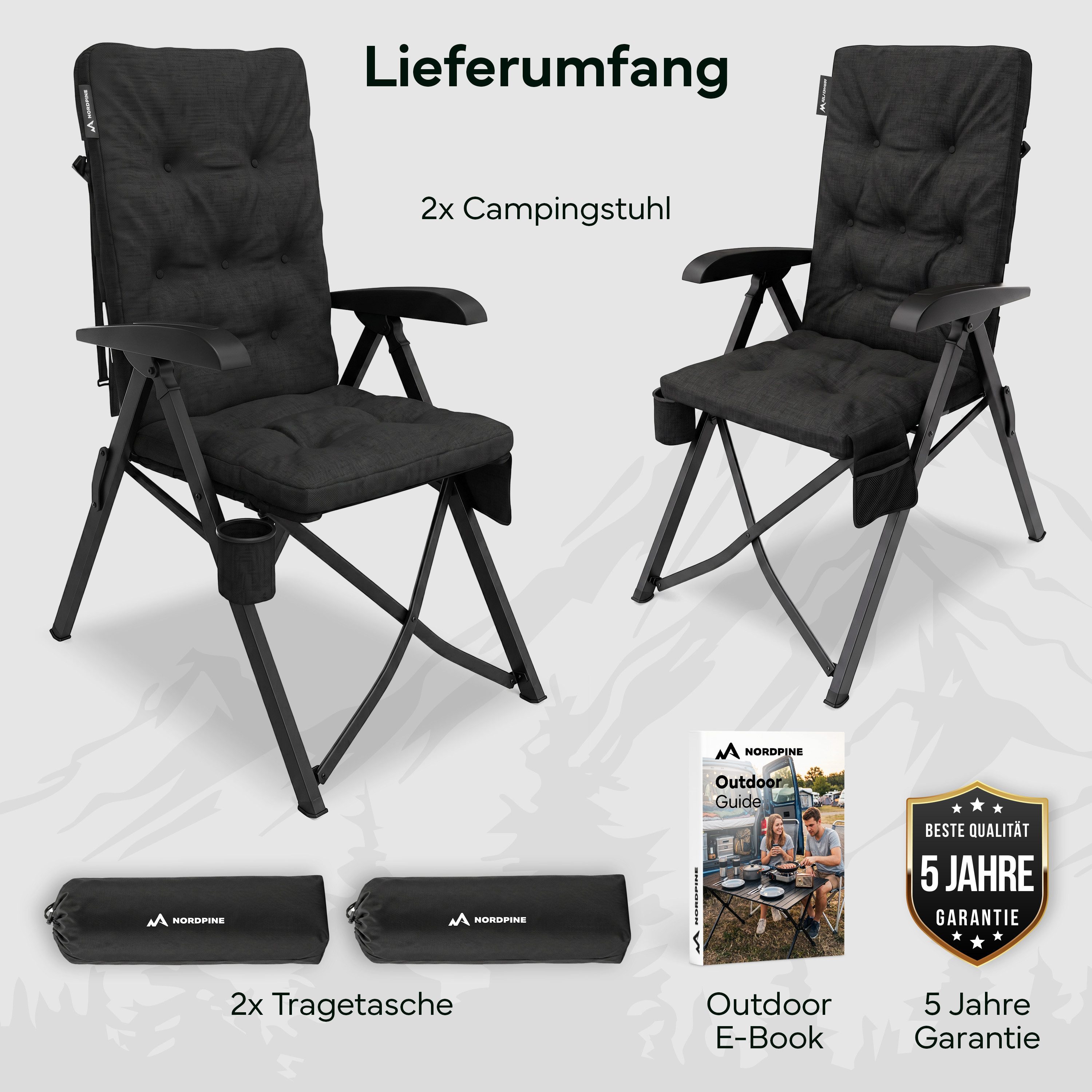 NEOLYMP Campingstuhl Faltbarer Campingstuhl bis 150 kg mit Getränkehalter & Taschen, Gestell aus Aluminium