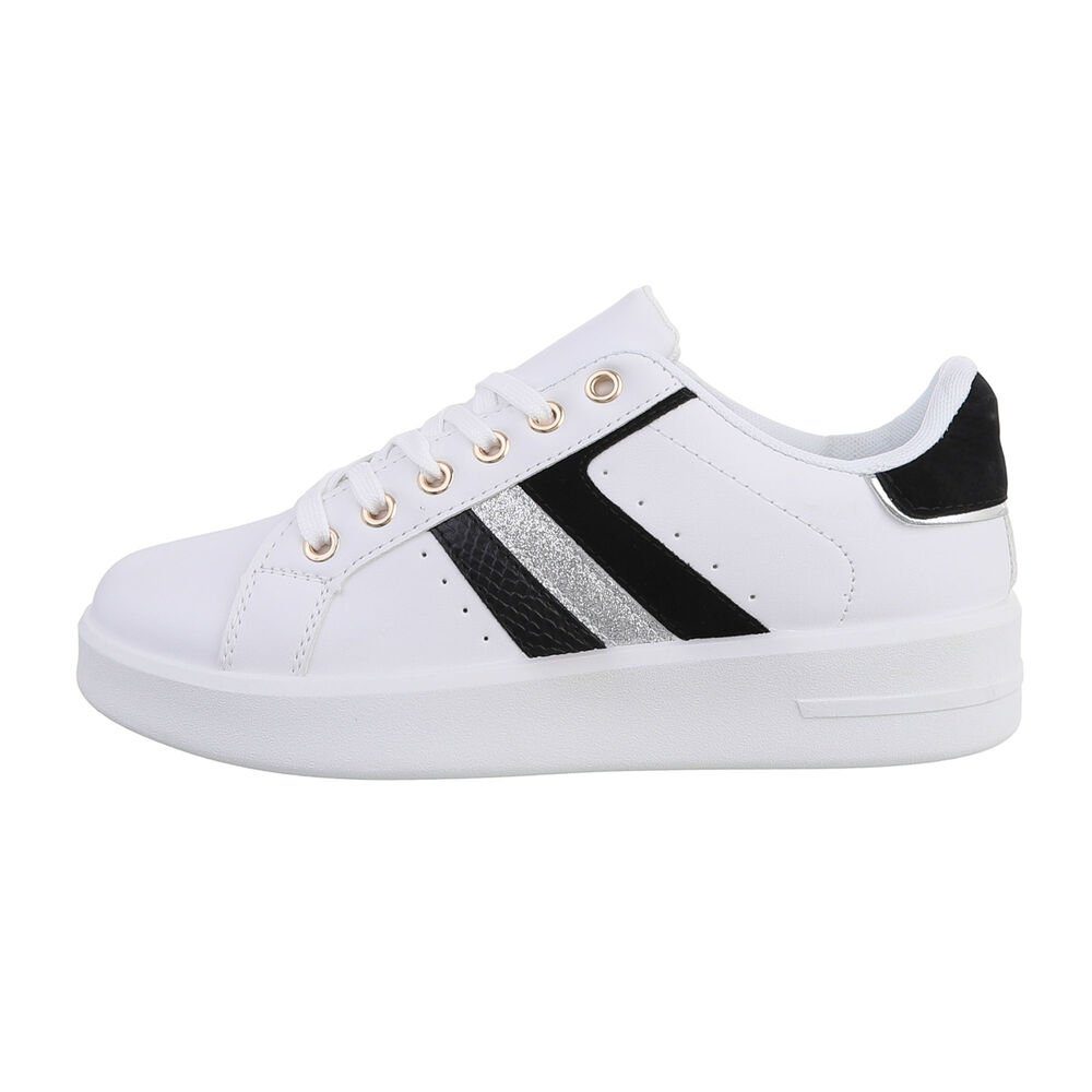 Ital-Design Damen Low-Top Freizeit Sneaker Flach Sneakers Low in Weiß Weiß, Schwarz