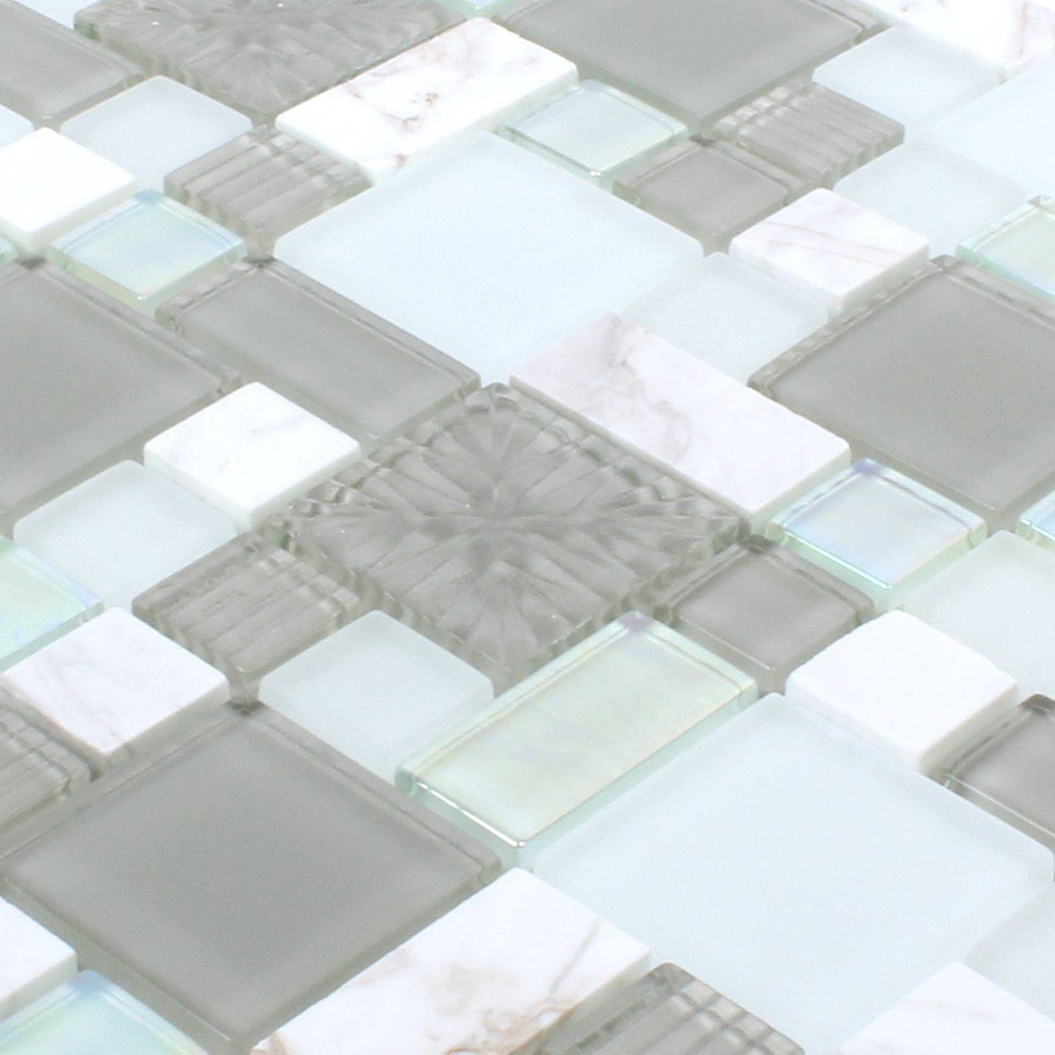Mosafil Mosaikfliesen Glasmosaik Naturstein Fliesen Norderney, Naturstein-Glas-Marmor 30.000x30.000, weiß-grau-flaschengrün, Verlegefertig auf ein Netz geklebt - Frostsicher - Wasserfest