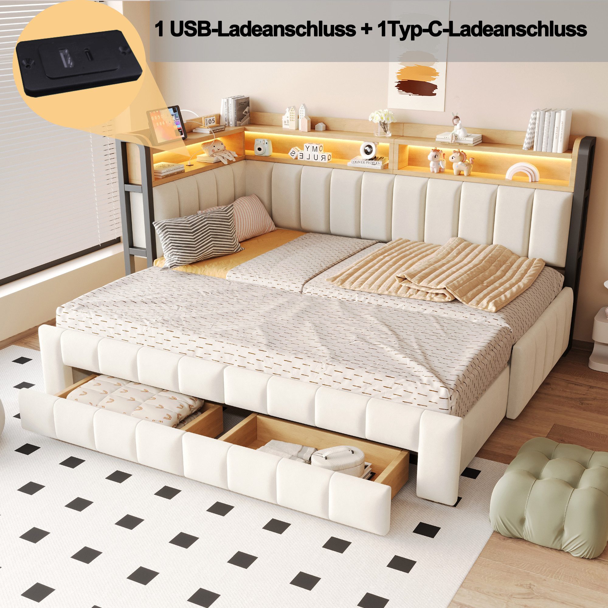 Celya Polsterbett Schlafsofa 90/180 × 200 cm Mit Ausziehbarem Bettteil und Schubladen (ohne Matratze, Mit LED-Beleuchtung, USB- und Typ-C-Anschlüssen), Mit Abla – Bild 4 von 5