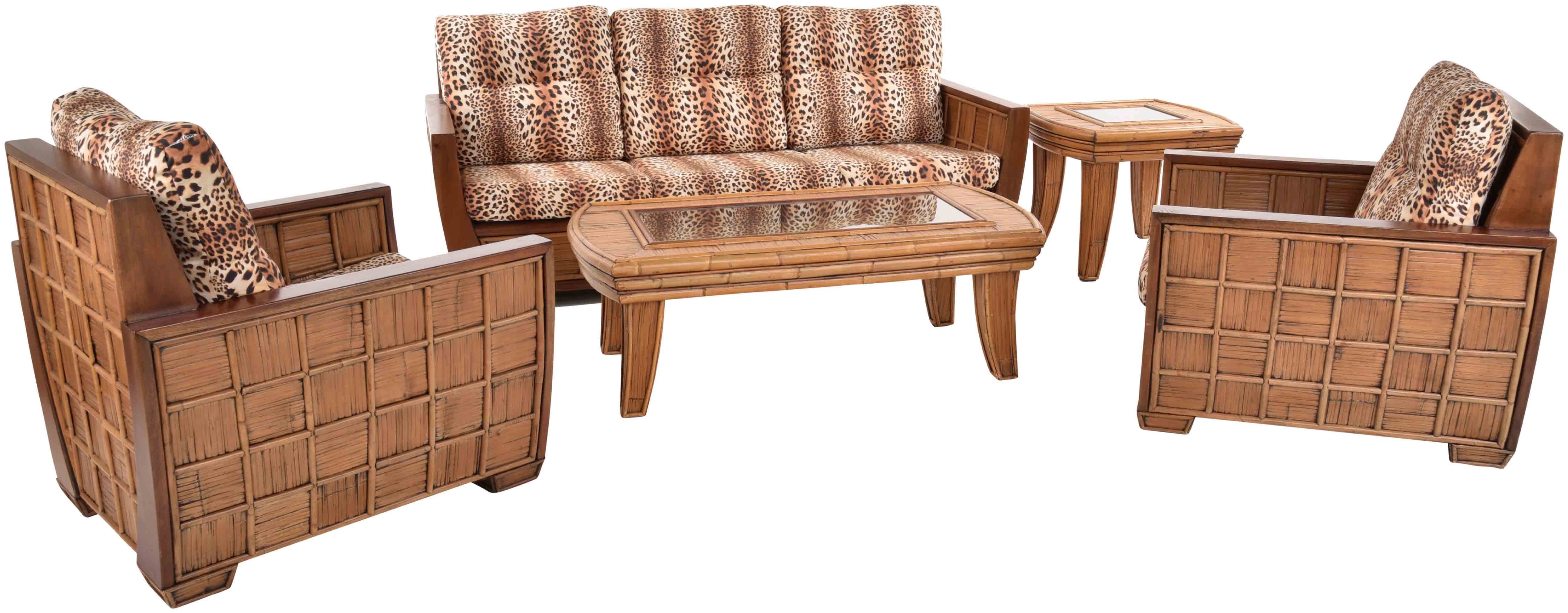 Krines Home Sitzgruppe Noble Wohnzimmer Sitzgruppe Safari Rattanmöbel mit Dreisitzersofa, (5-tlg), Wintergartengruppe Loungeset aus Bambus