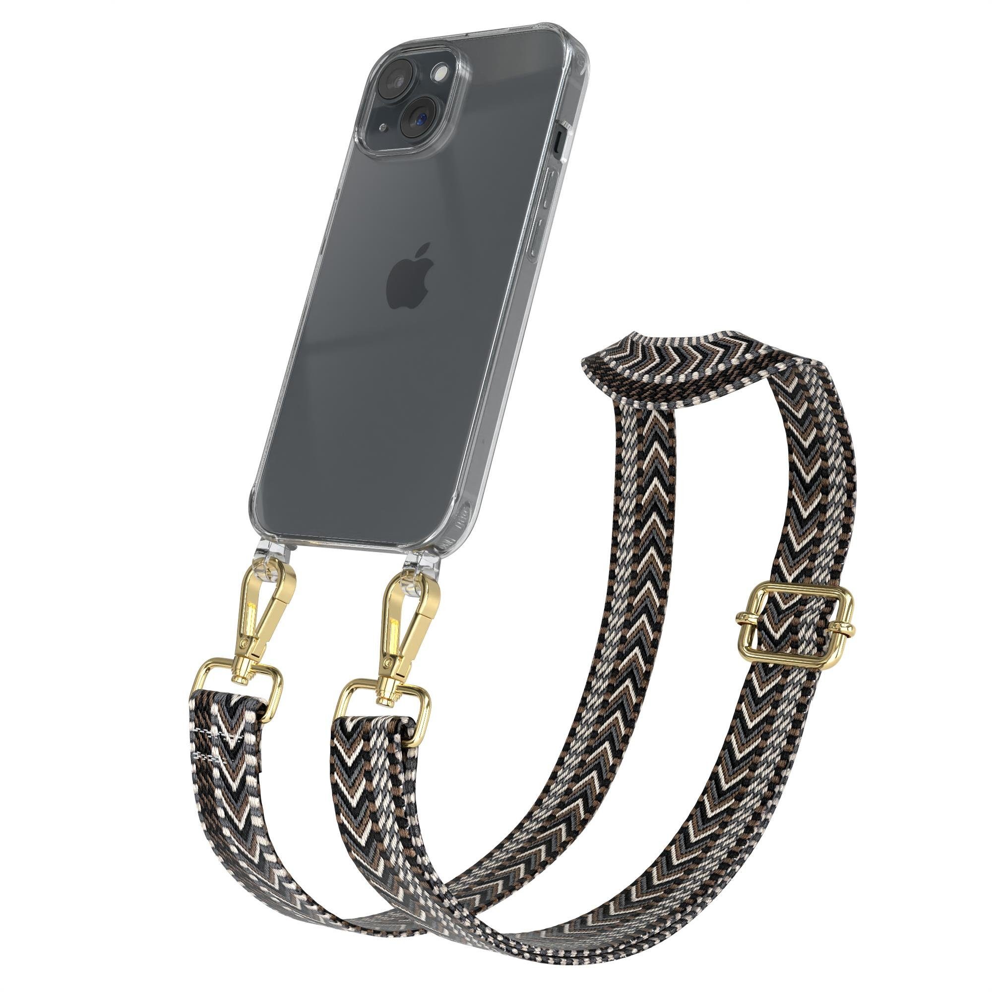 EAZY CASE Handykette Silikonhülle mit runder Kette für Apple iPhone 15 6,1 Zoll, Silicon Handyhülle mit breiter Kette modern Carabiner Necklace Grau