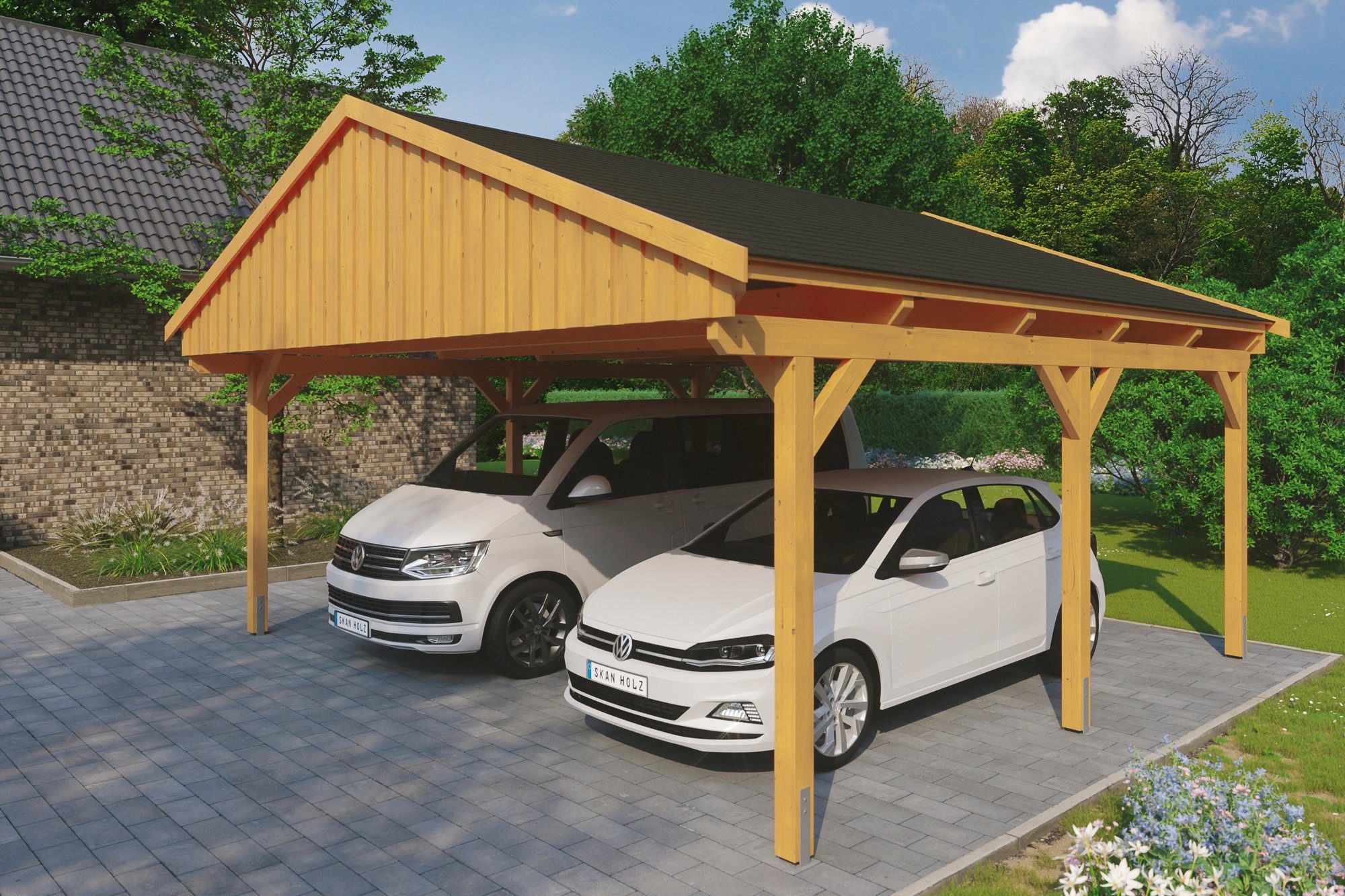 Skanholz Doppelcarport Fichtelberg, BxT: Einfahrtshöhe, 618x566 cm, schwarzen Schindeln cm 574 mit