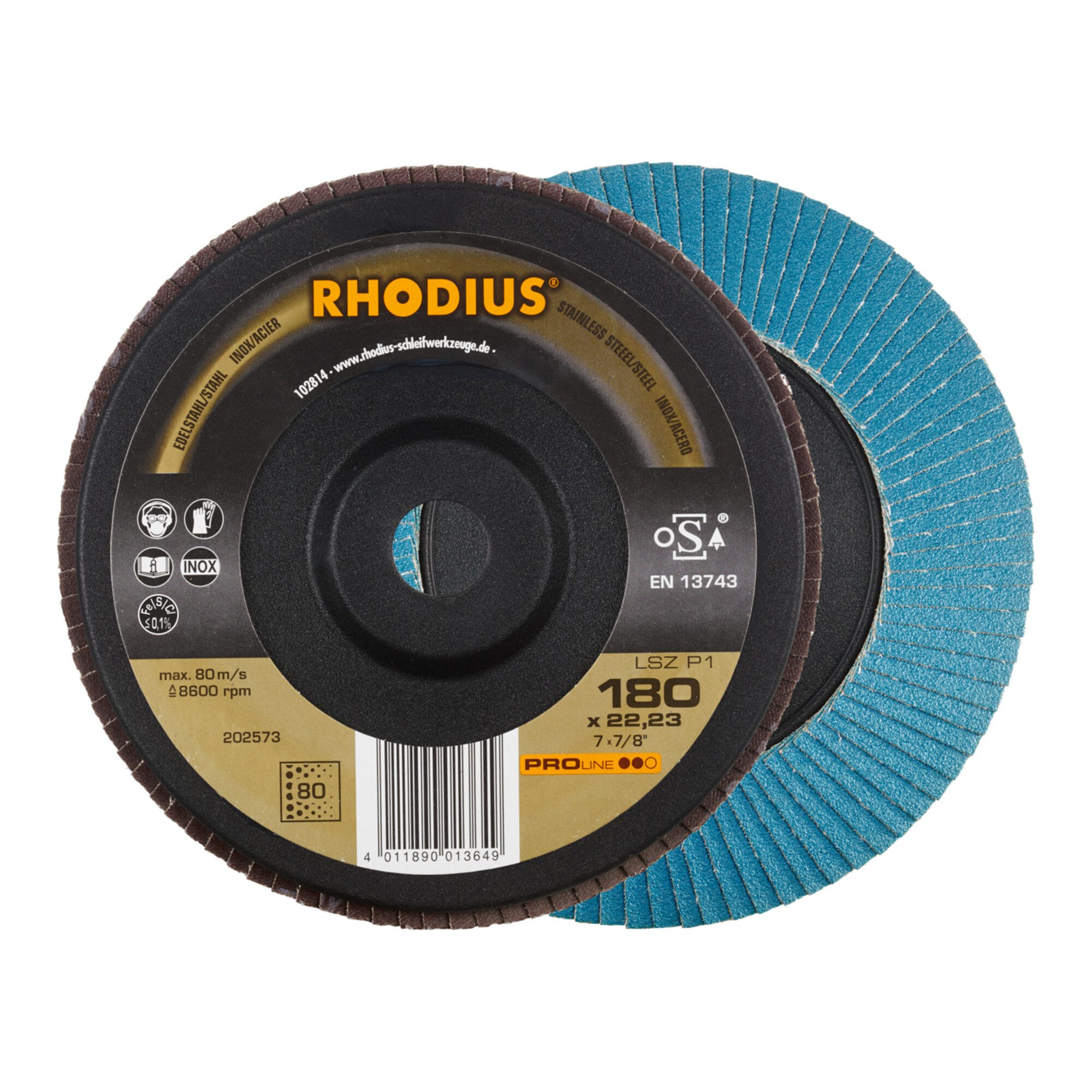 Rhodius Schleifscheibe RHODIUS PROline LSZ P1 Fächerschleifscheibe 180 x 22,23 mm K80 10 Stk