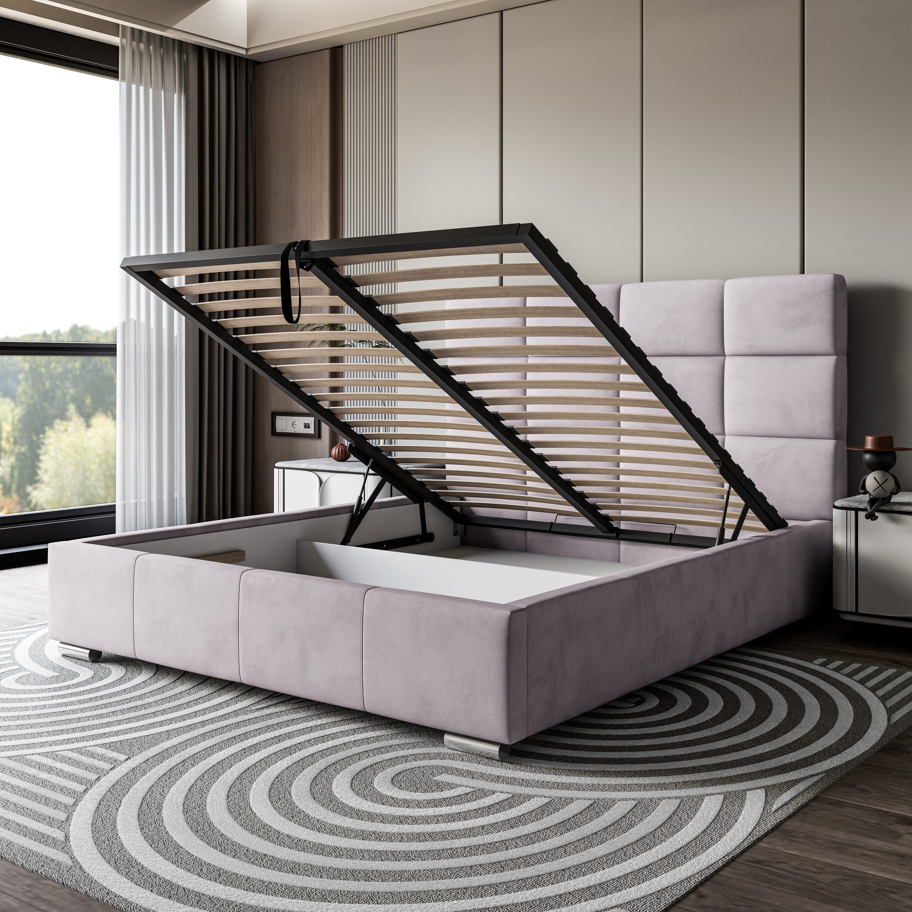 Lookway Polsterbett SARA mit Bettkasten und hohem Kopfteil 123 cm (Bett mit Metallgestell), 3 Größen und 8 Farben