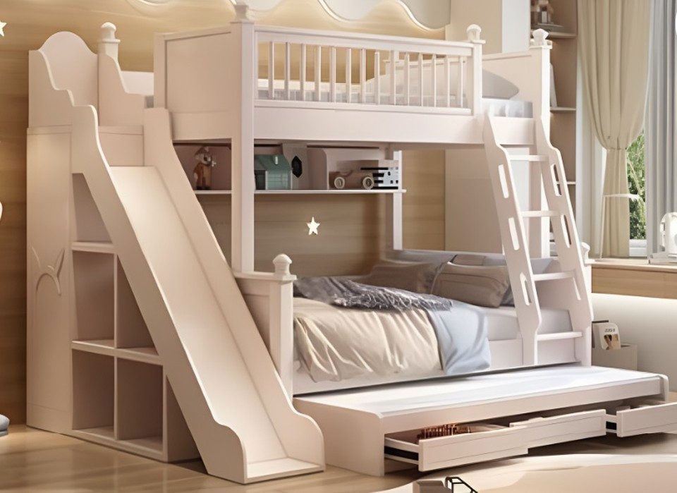 Xlmoebel Etagenbett XLMOEBEL Etagenbett Holz weiß mit Rutsche und Schubladen (Etagenbett, 1-St., Etagenbett mit Rutsche und Schubladen), Made in Europa
