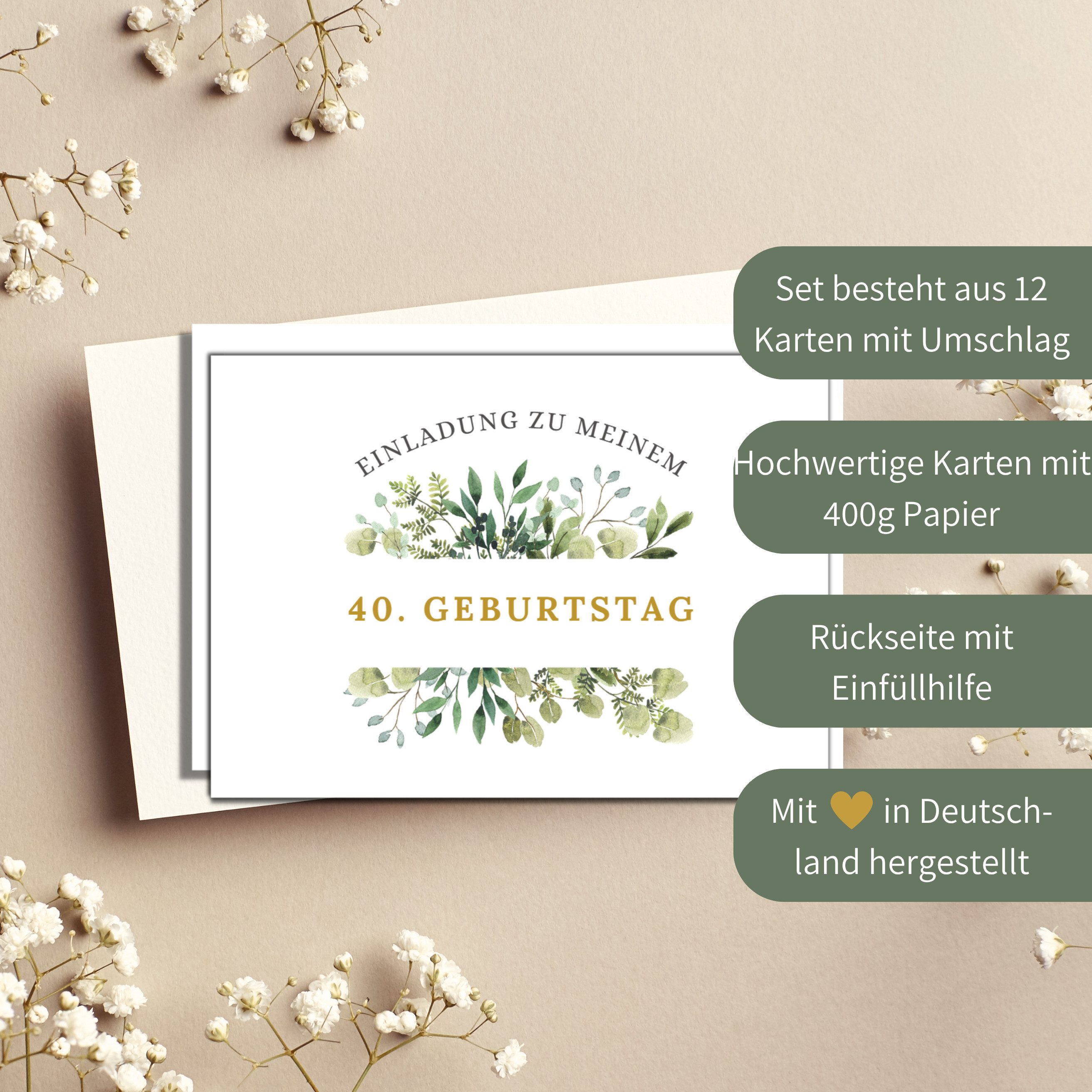 Briefzauber Einladungskarten Geburtstagseinladung 40 Geburtstag, Set 12x Karten & 12x Umschläge