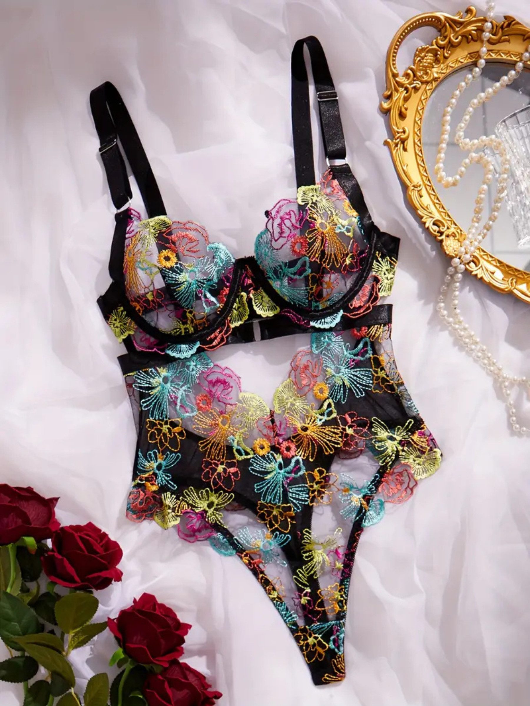 Body Bestickter Damen Bodysuit, verführerische Dessous, sexy Mesh Lingerie