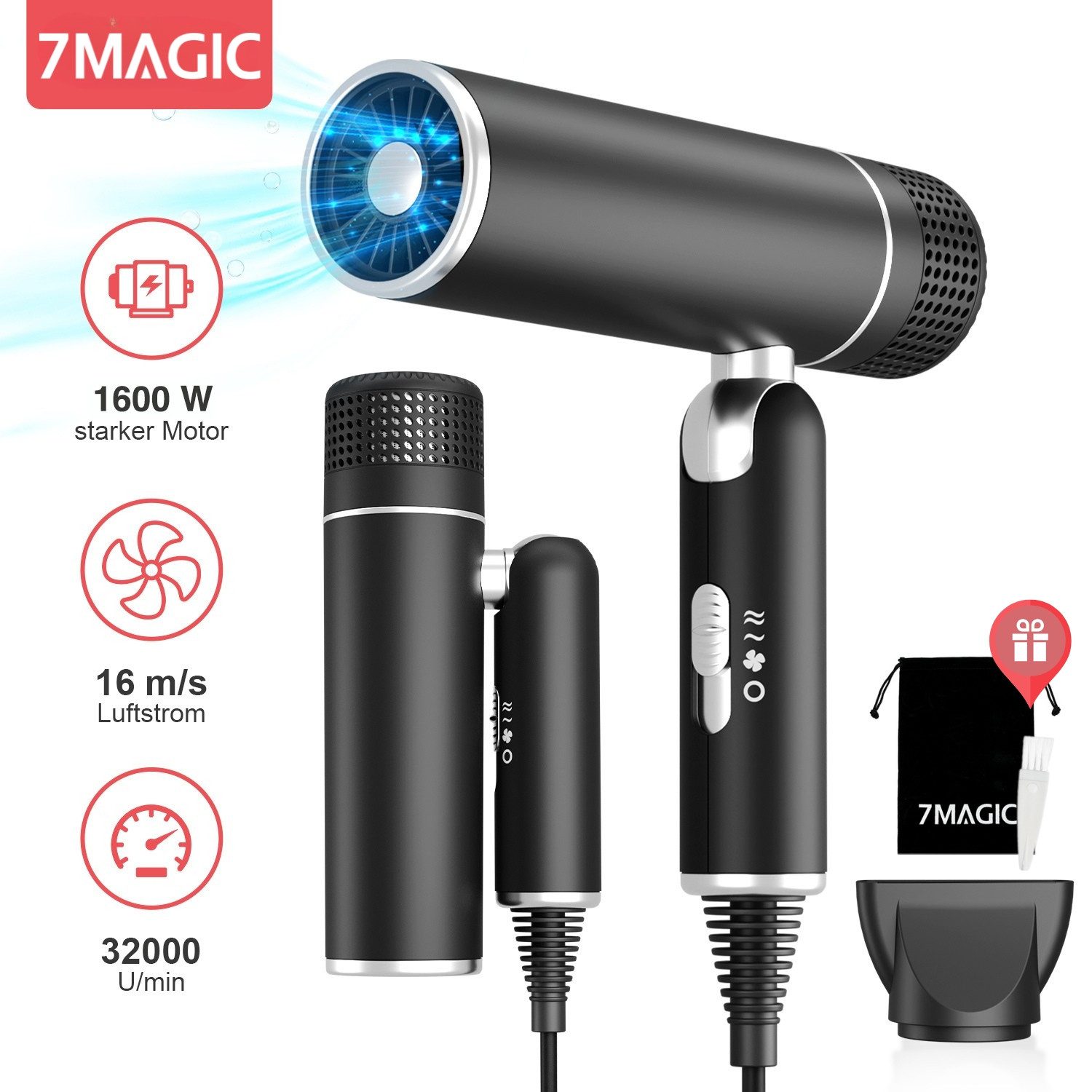 MCURO Haartrockner Faltbarer Ionen Reiseföhn, 1600,00 W, Anti-Frizz, 3 Temperaturstufen, 2 Luftstärken, für Urlaub & Alltag, mit Stylingdüse oder Diffusor, ultraleicht & platzsparend