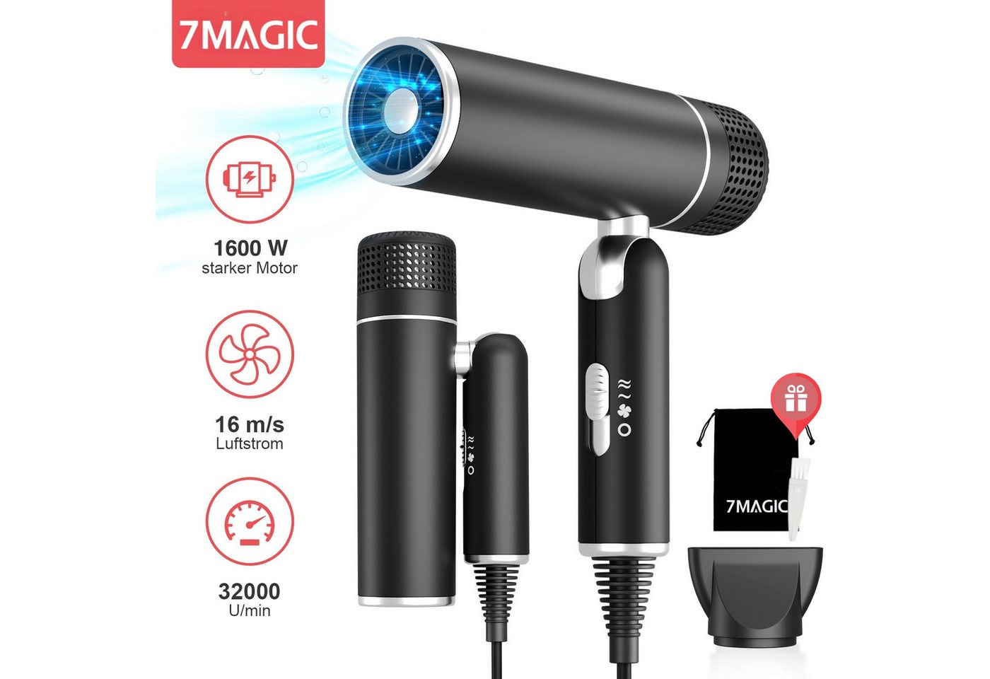 MCURO Haartrockner Faltbarer Ionen Reiseföhn, 1600,00 W, Anti-Frizz, 3 Temperaturstufen, 2 Luftstärken, für Urlaub & Alltag, mit Stylingdüse oder Diffusor, ultraleicht & platzsparend