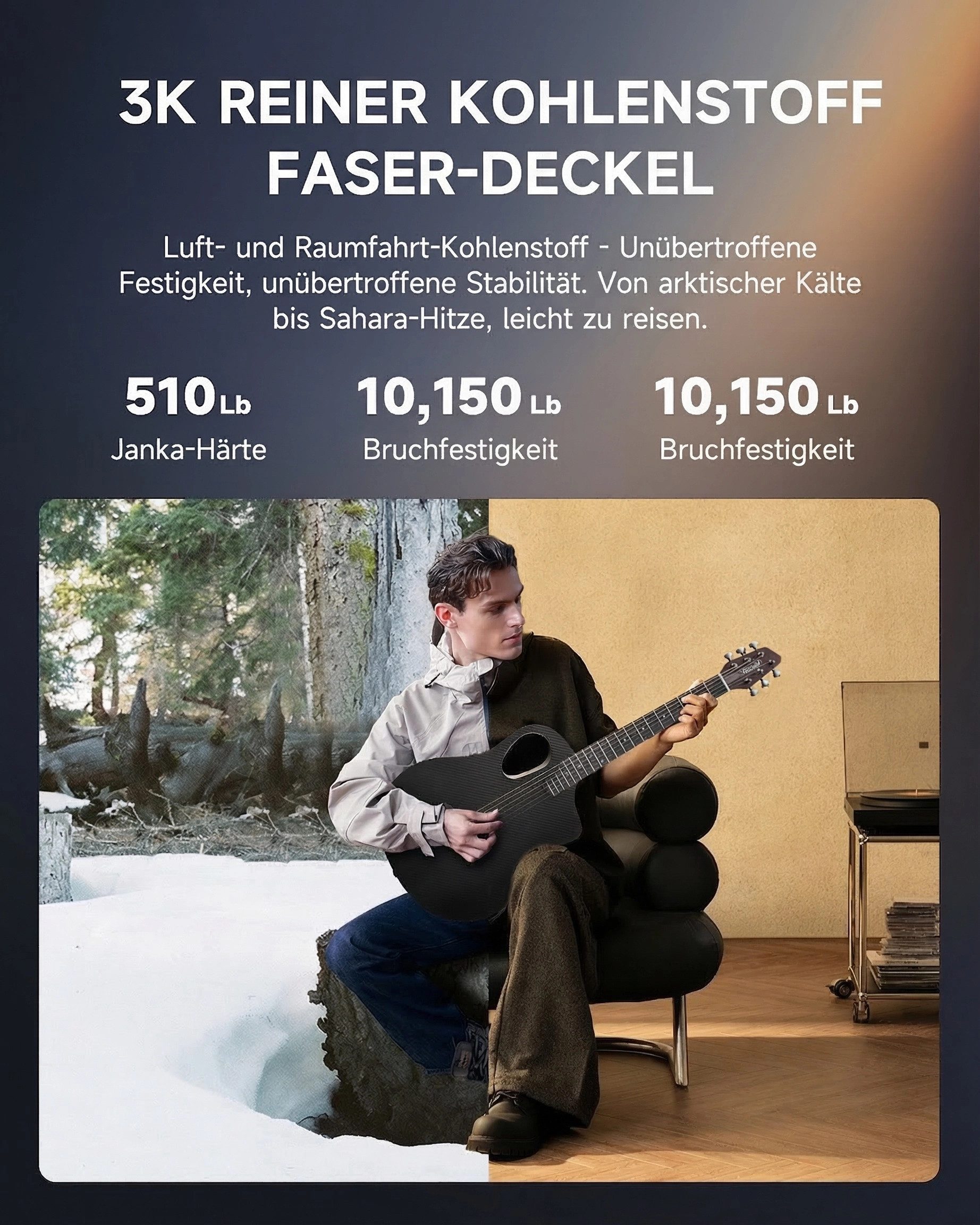 Donner Akustikgitarre 38" Carbonfaser Reisegitarre, Warmes Klangbild RISING-G1, Komplettset, Gigbag, Gurt, Stimmgerät, für Anfänger in voller Größe komplettes Anfängerset