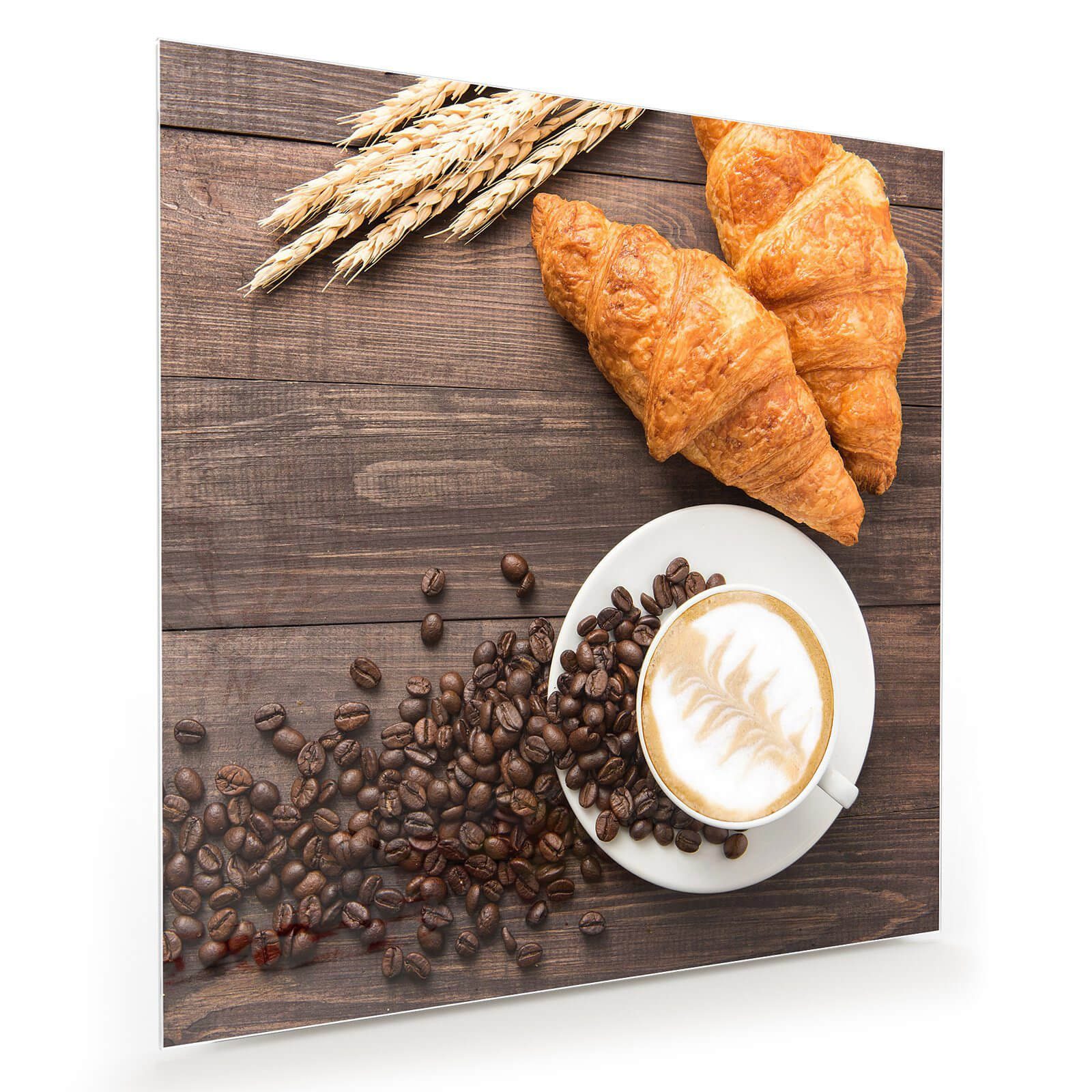 Glasbild Wandbild Quadratisch Croissant und Kaffee mit Aufhängung