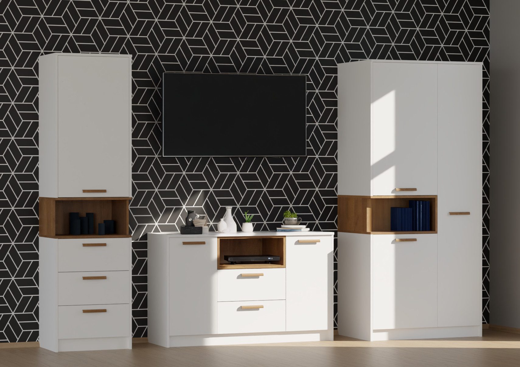 Marmex Möbel Schlafzimmer-Set Grant SET D Wohnwand Set Schrank Set Jugendzimmer, (3-tlg), Scharniere Soft Close, Vollauszug der Schubladen
