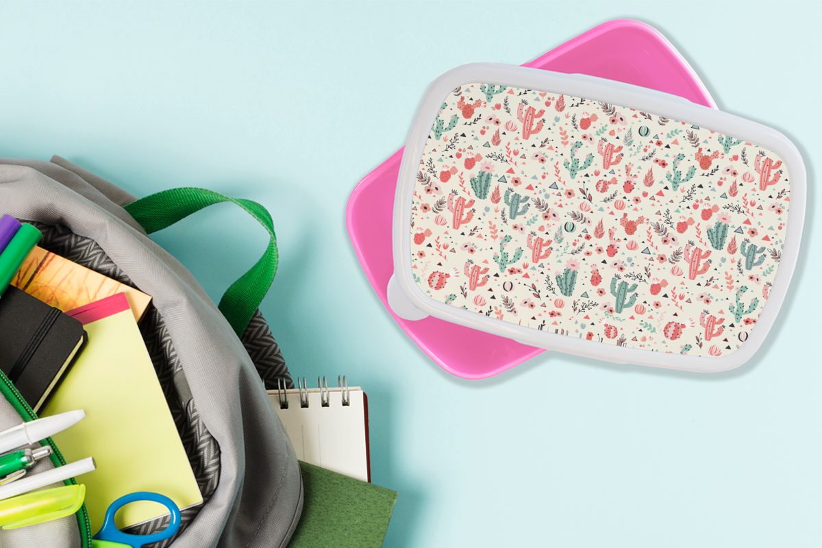 Brotdose Erwachsene, Mädchen, (2-tlg), Kunststoff - für - Kaktus MuchoWow - Blumen rosa Kinder, Brotbox Muster, Lunchbox Pastell Snackbox, Kunststoff,