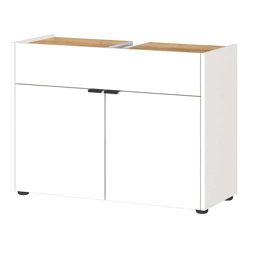 Lomadox Waschbeckenschrank FLORINA-01 Badezimmerschrank mit Siphonausschnitt modern in weiß mit Eiche